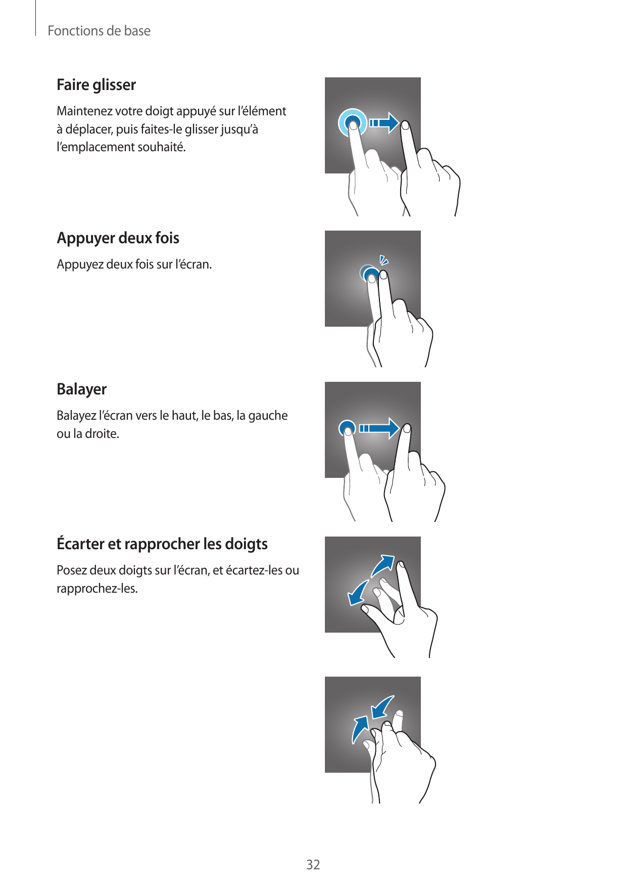 Fonctions de baseFaire glisserMaintenez votre doigt appuyé sur l’élémentà déplacer, puis faites-le glisser jusqu’àl’emplacement 