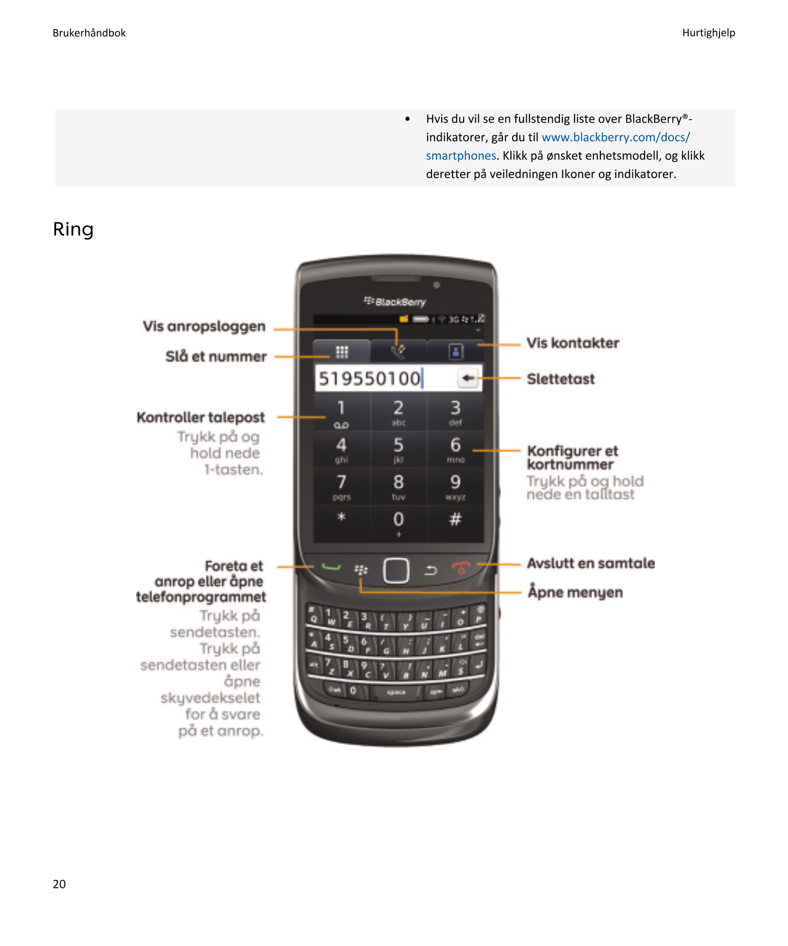 Brukerhåndbok Hurtighjelp
•     Hvis du vil se en fullstendig liste over BlackBerry®-
indikatorer, går du til www.blackberry.com