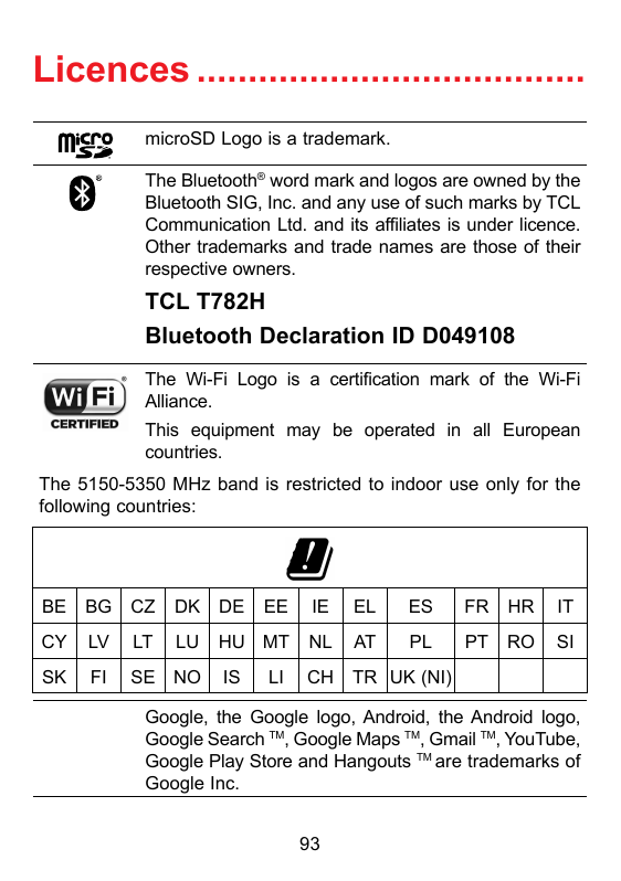 Licences��������������������������������������microSD Logo is a trademark.The Bluetooth® word mark and logos are owned by theBlu