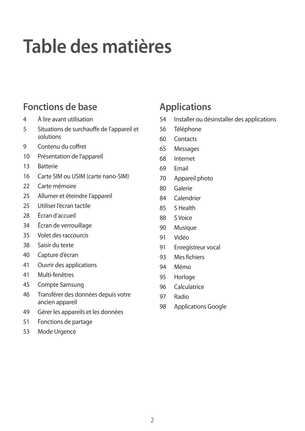 Table des matièresFonctions de baseApplications4554 Installer ou désinstaller des applications56Téléphone60Contacts65Messages68I