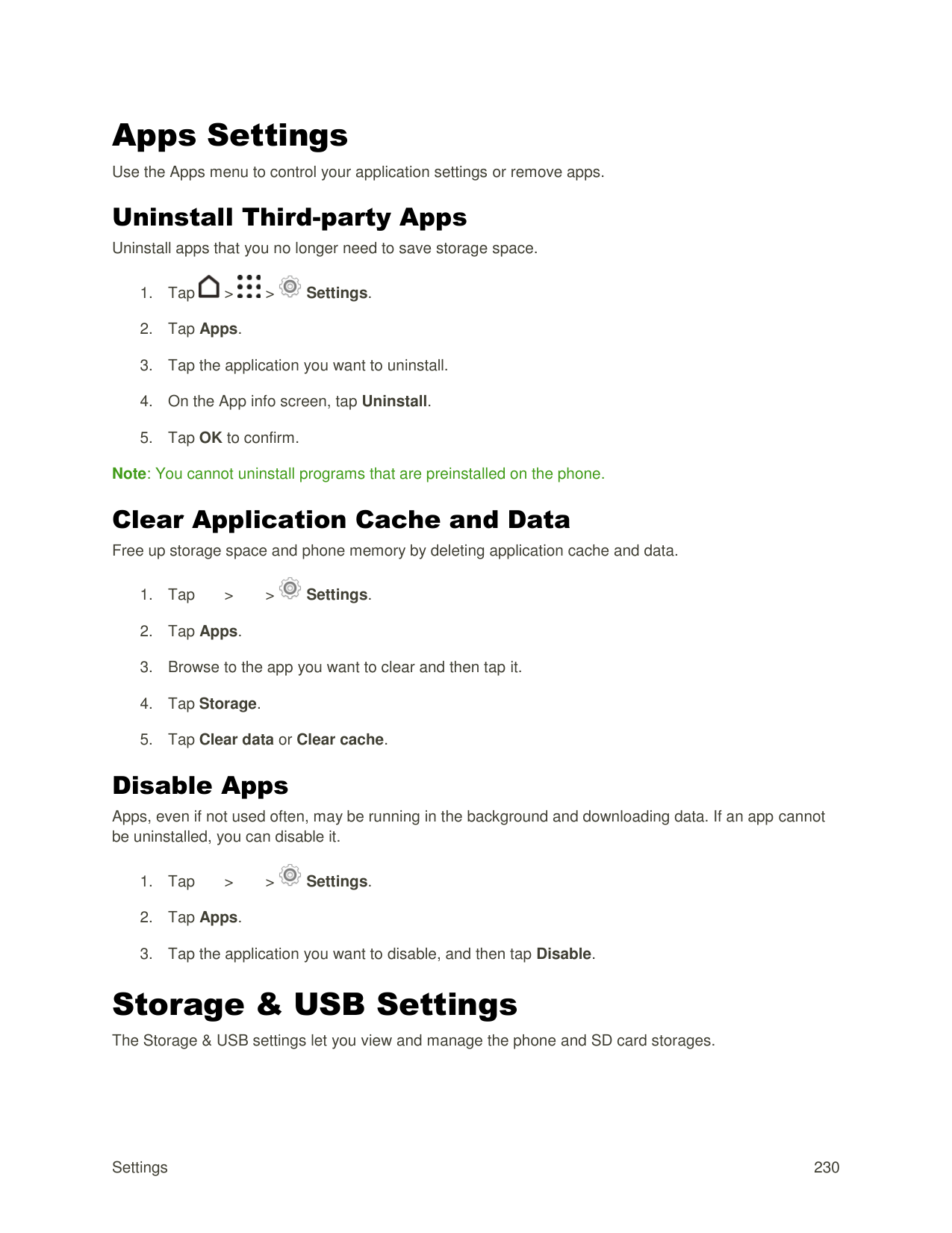 Apps SettingsUse the Apps menu to control your application settings or remove apps.Uninstall Third-party AppsUninstall apps that