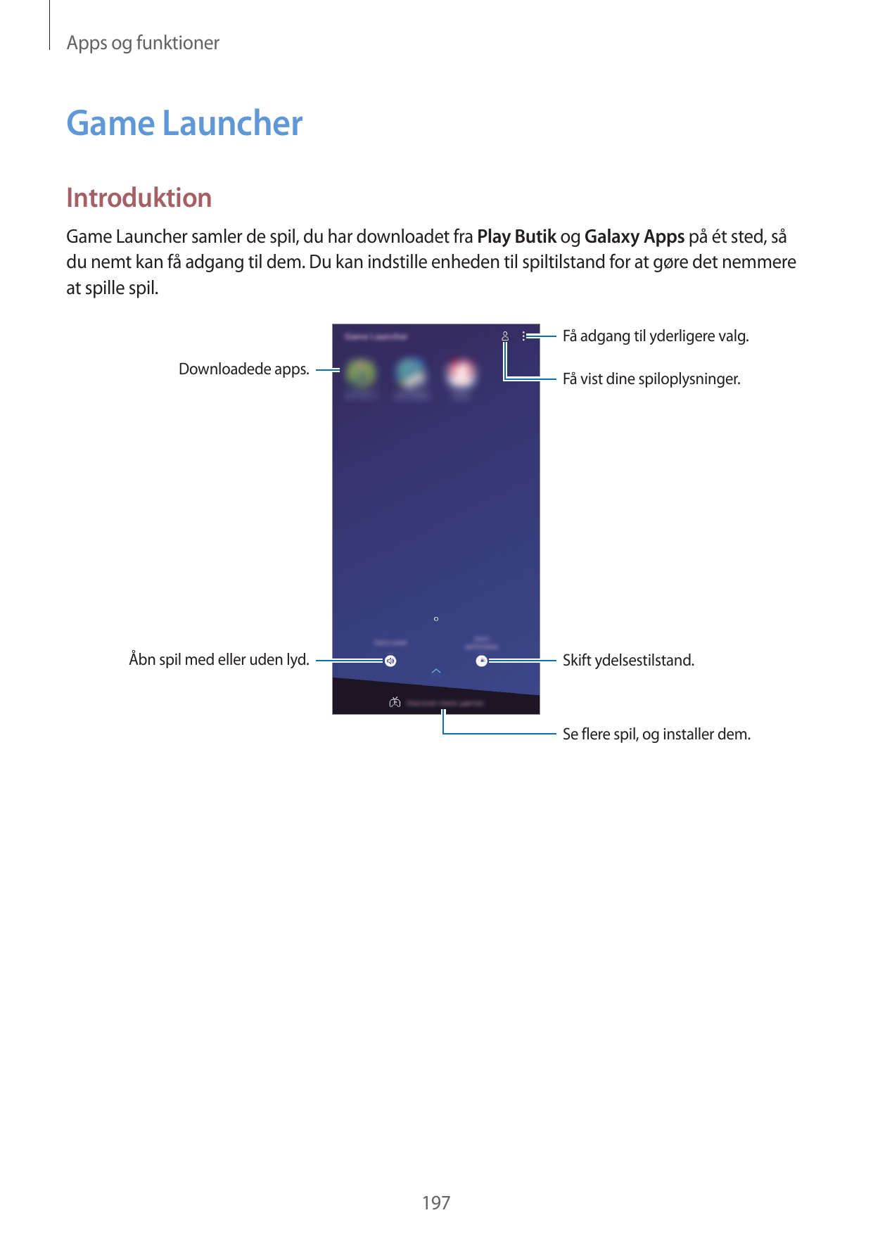 Apps og funktionerGame LauncherIntroduktionGame Launcher samler de spil, du har downloadet fra Play Butik og Galaxy Apps på ét s