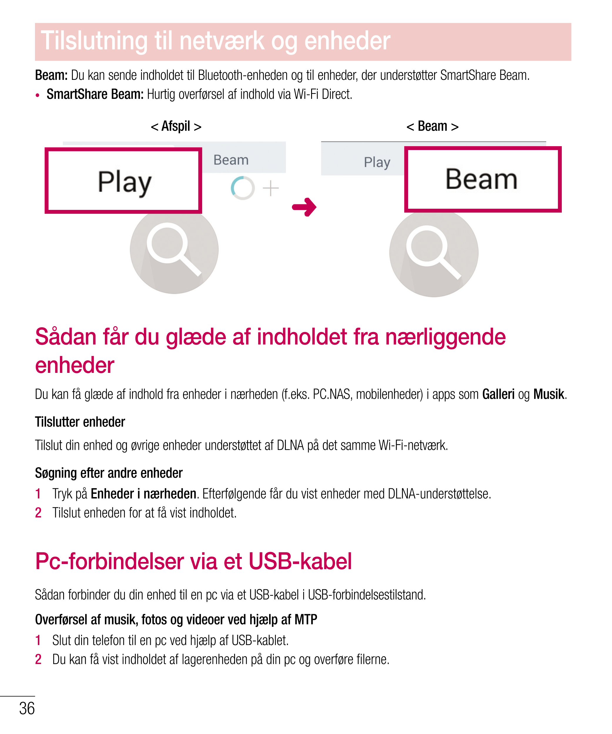 Tilslutning til netværk og enheder
Beam: Du kan sende indholdet til Bluetooth-enheden og til enheder, der understøtter SmartShar