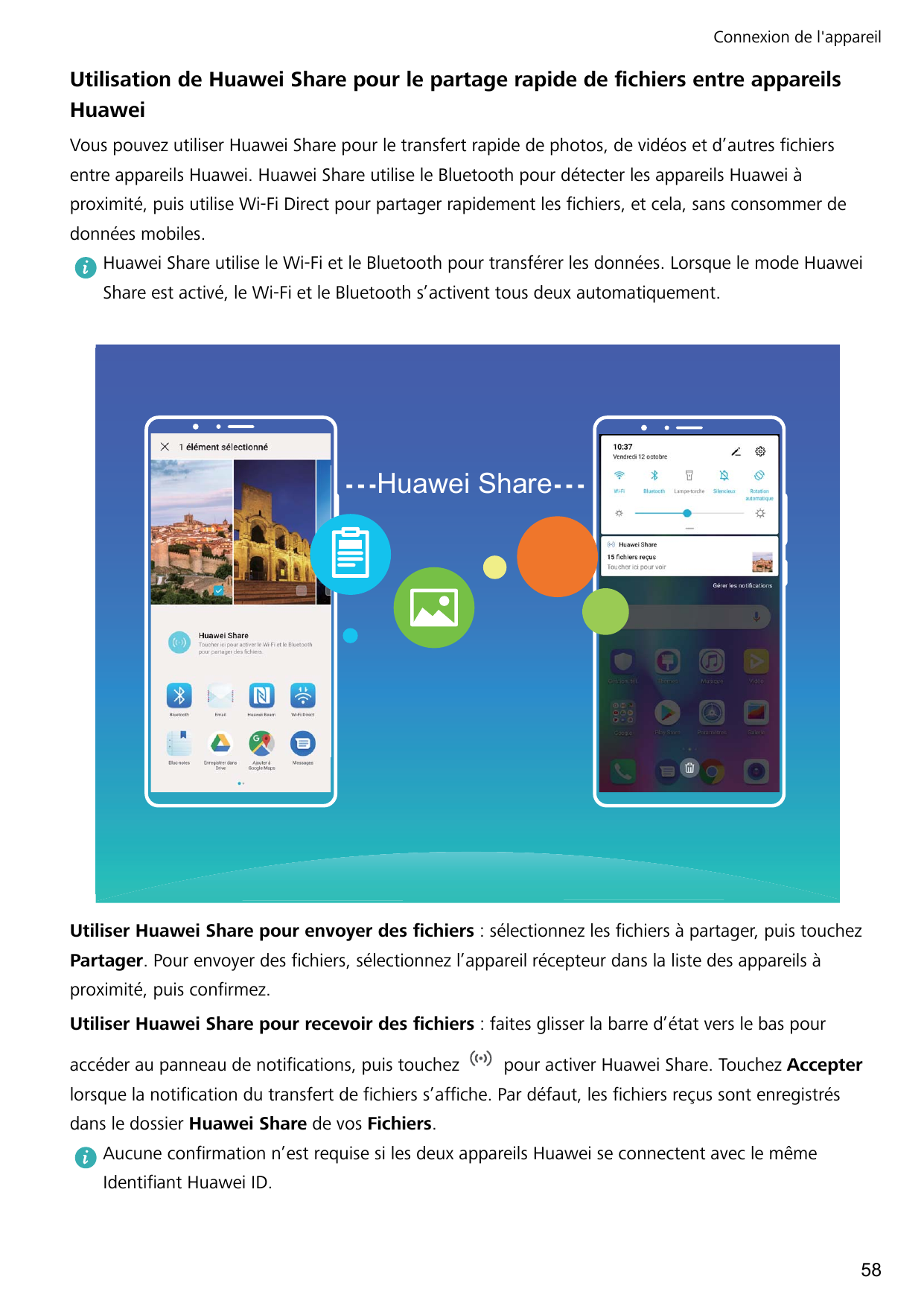 Connexion de l'appareilUtilisation de Huawei Share pour le partage rapide de fichiers entre appareilsHuaweiVous pouvez utiliser 
