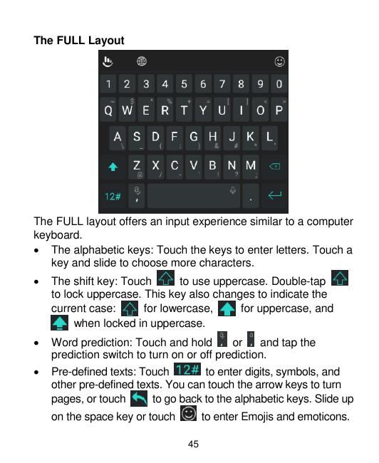 The FULL LayoutThe FULL layout offers an input experience similar to a computerkeyboard. The alphabetic keys: Touch the keys to