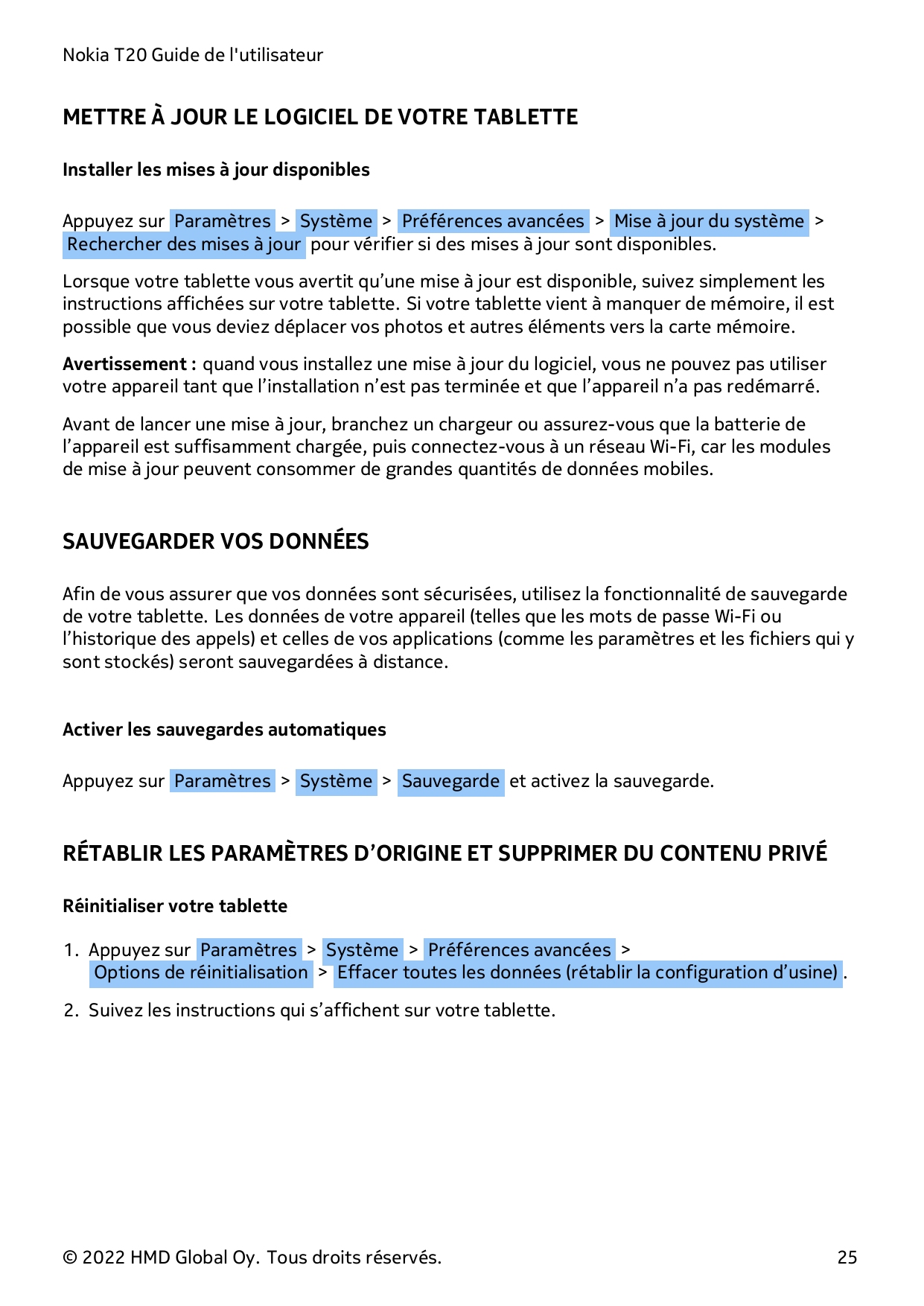 Nokia T20 Guide de l'utilisateurMETTRE À JOUR LE LOGICIEL DE VOTRE TABLETTEInstaller les mises à jour disponiblesAppuyez sur Par