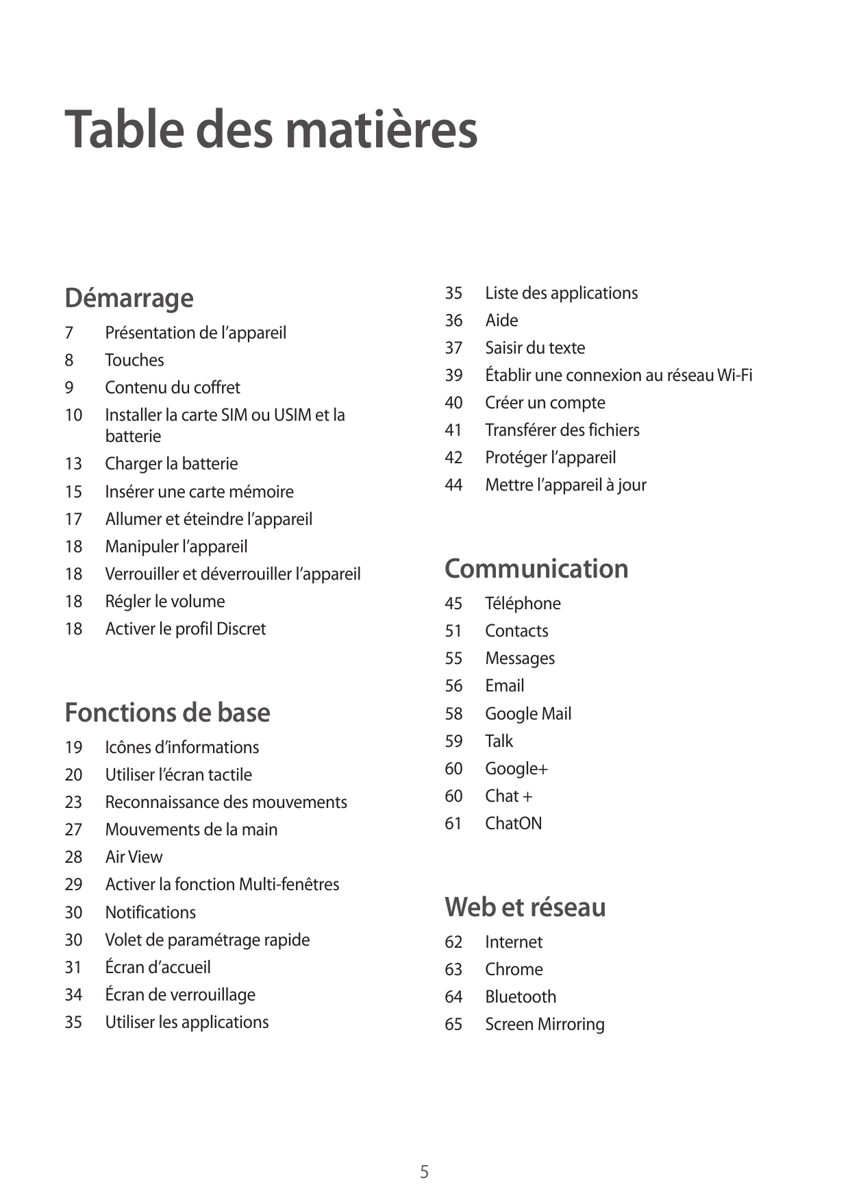 Table des matièresDémarrage35 Liste des applications36Aide37 Saisir du texte39 Établir une connexion au réseau Wi-Fi40 Créer un 
