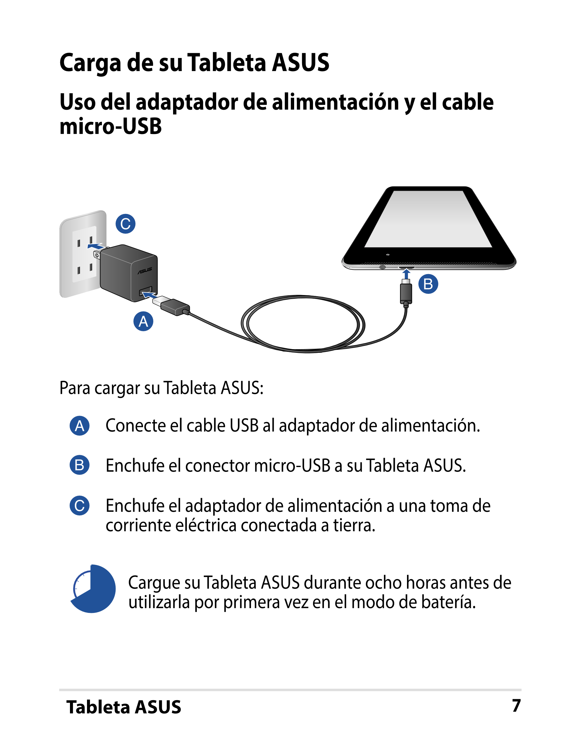 Carga de su Tableta ASUS
Uso del adaptador de alimentación y el cable 
micro-USB
Para cargar su Tableta ASUS:
Conecte el cable U