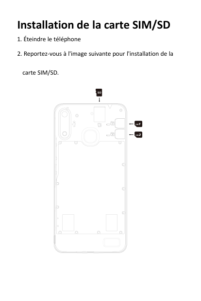 Installation de la carte SIM/SD1. Éteindre le téléphone2. Reportez-vous à l'image suivante pour l'installation de lacarte SIM/SD