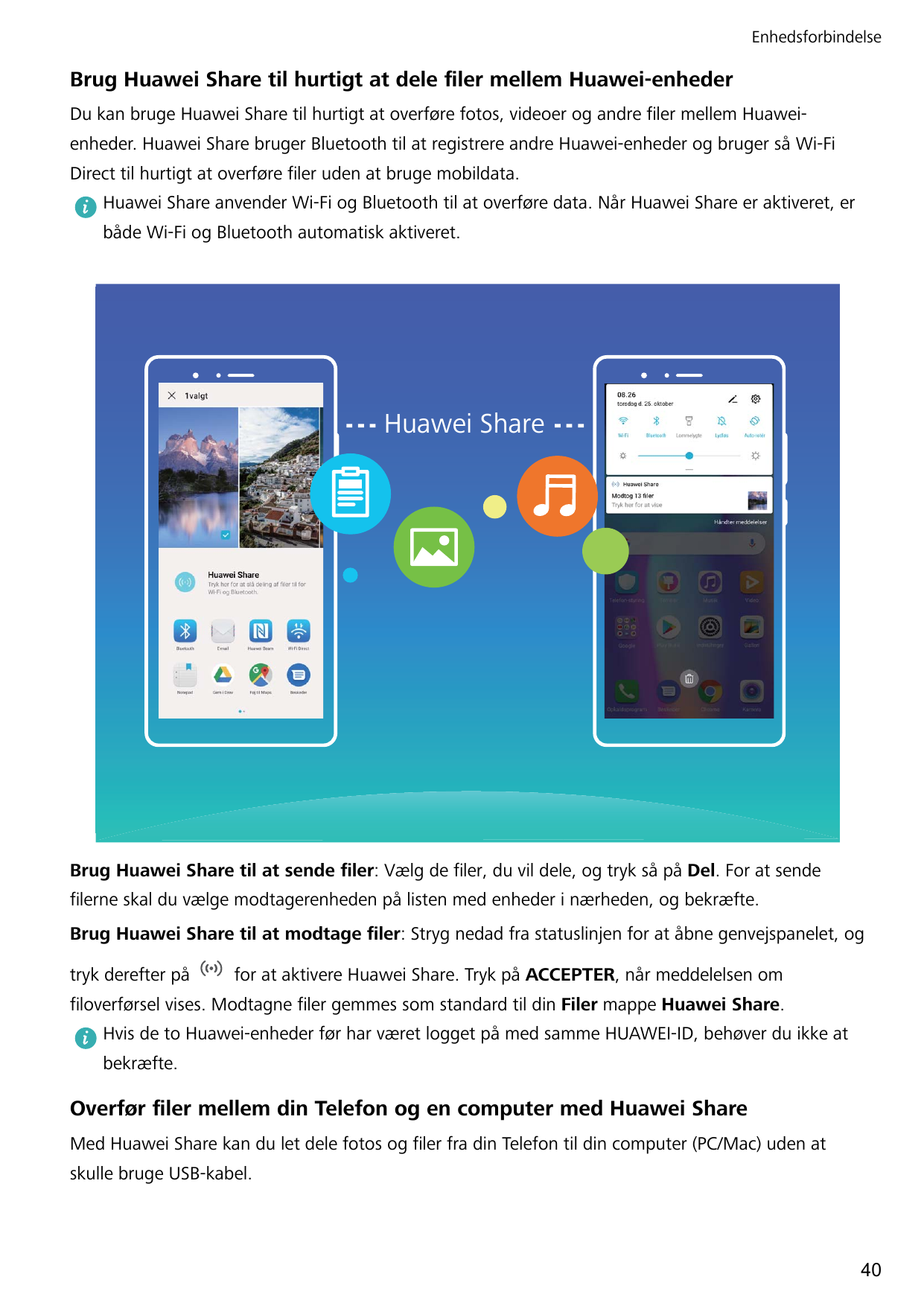 EnhedsforbindelseBrug Huawei Share til hurtigt at dele filer mellem Huawei-enhederDu kan bruge Huawei Share til hurtigt at overf