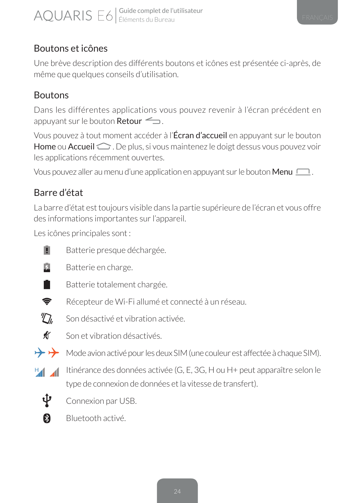 Guide complet de l’utilisateurÉléments du BureauFRANÇAISBoutons et icônesUne brève description des différents boutons et icônes 