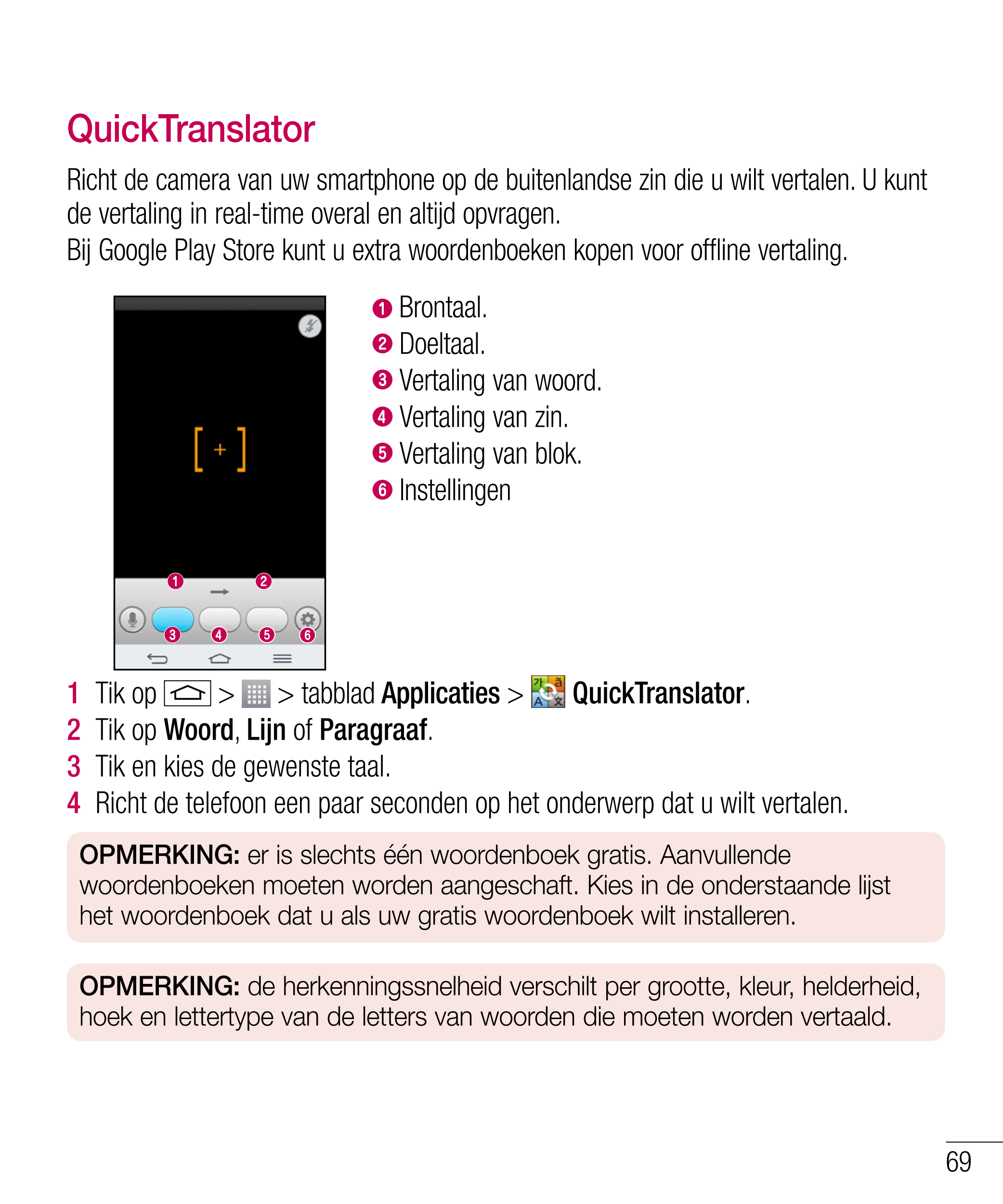 QuickTranslator
Richt de camera van uw smartphone op de buitenlandse zin die u wilt vertalen. U kunt 
de vertaling in real-time 