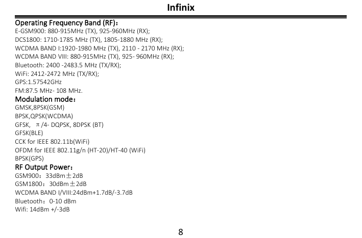 InfinixOperating Frequency Band (RF)：E-GSM900: 880-915MHz (TX), 925-960MHz (RX);DCS1800: 1710-1785 MHz (TX), 1805-1880 MHz (RX);