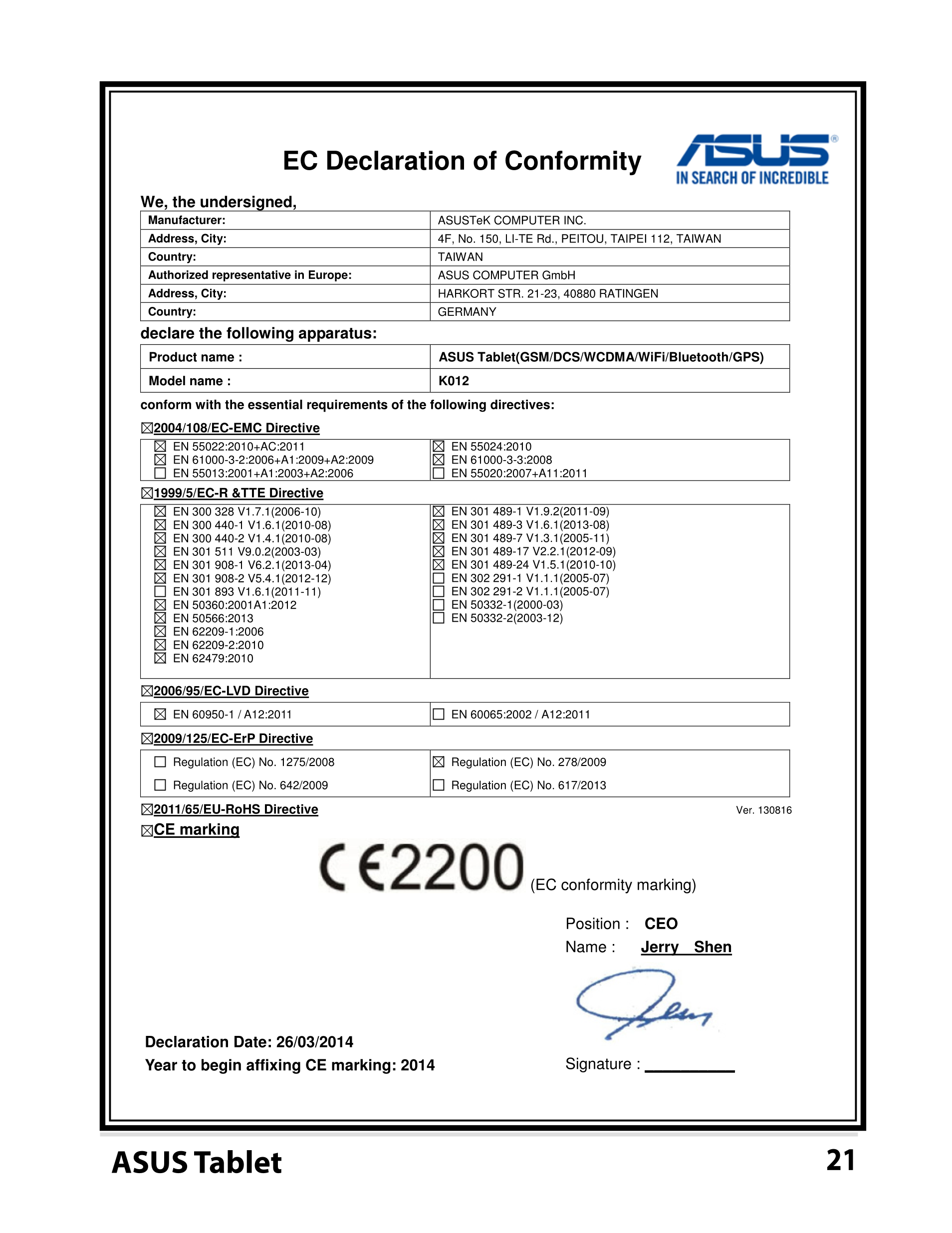   EC Declaration of Conformity 
We, the undersigned, 
Manufacturer:  ASUSTeK COMPUTER INC. 
Address, City:  4F, No. 150, LI-TE R