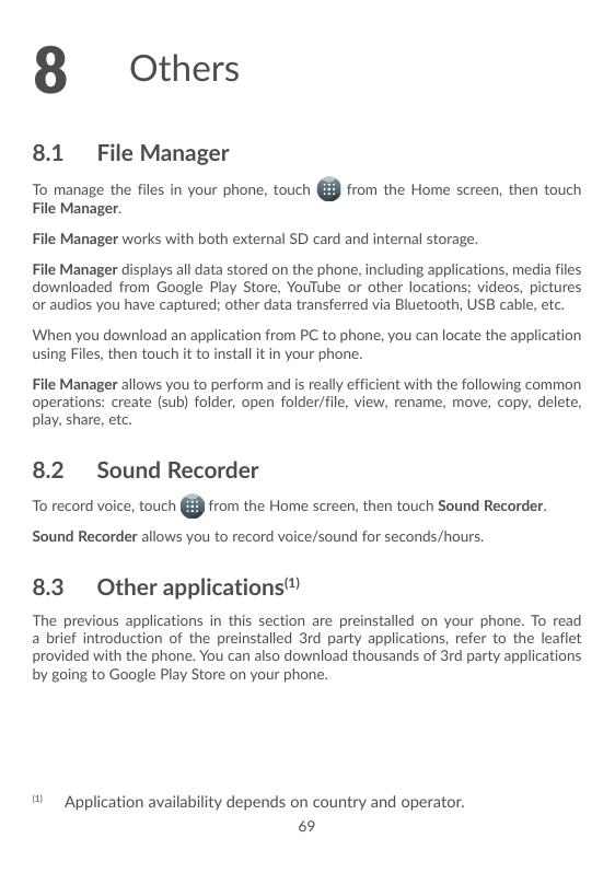 88.1OthersFile ManagerTo manage the files in your phone, touchFile Manager.from the Home screen, then touchFile Manager works wi