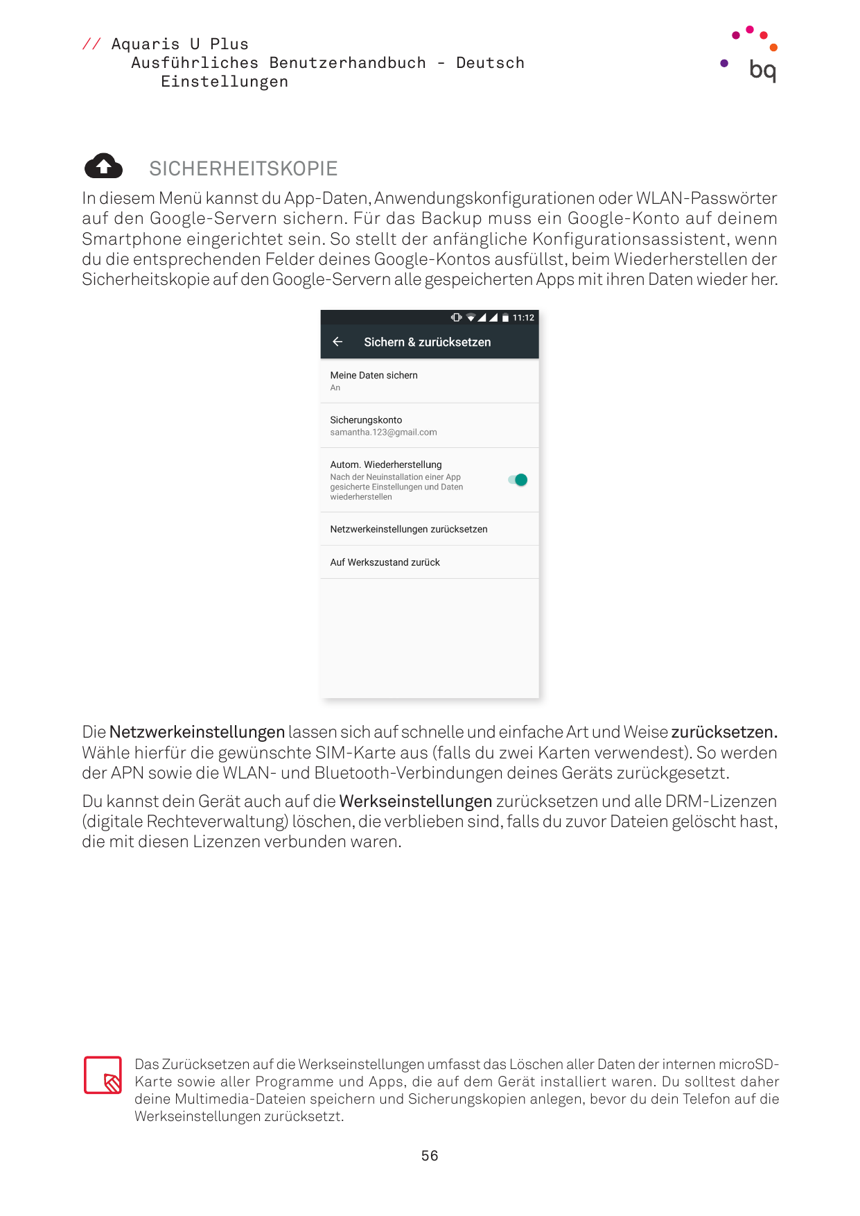 // Aquaris U PlusAusführliches Benutzerhandbuch - DeutschEinstellungenSICHERHEITSKOPIEIn diesem Menü kannst du App-Daten, Anwend