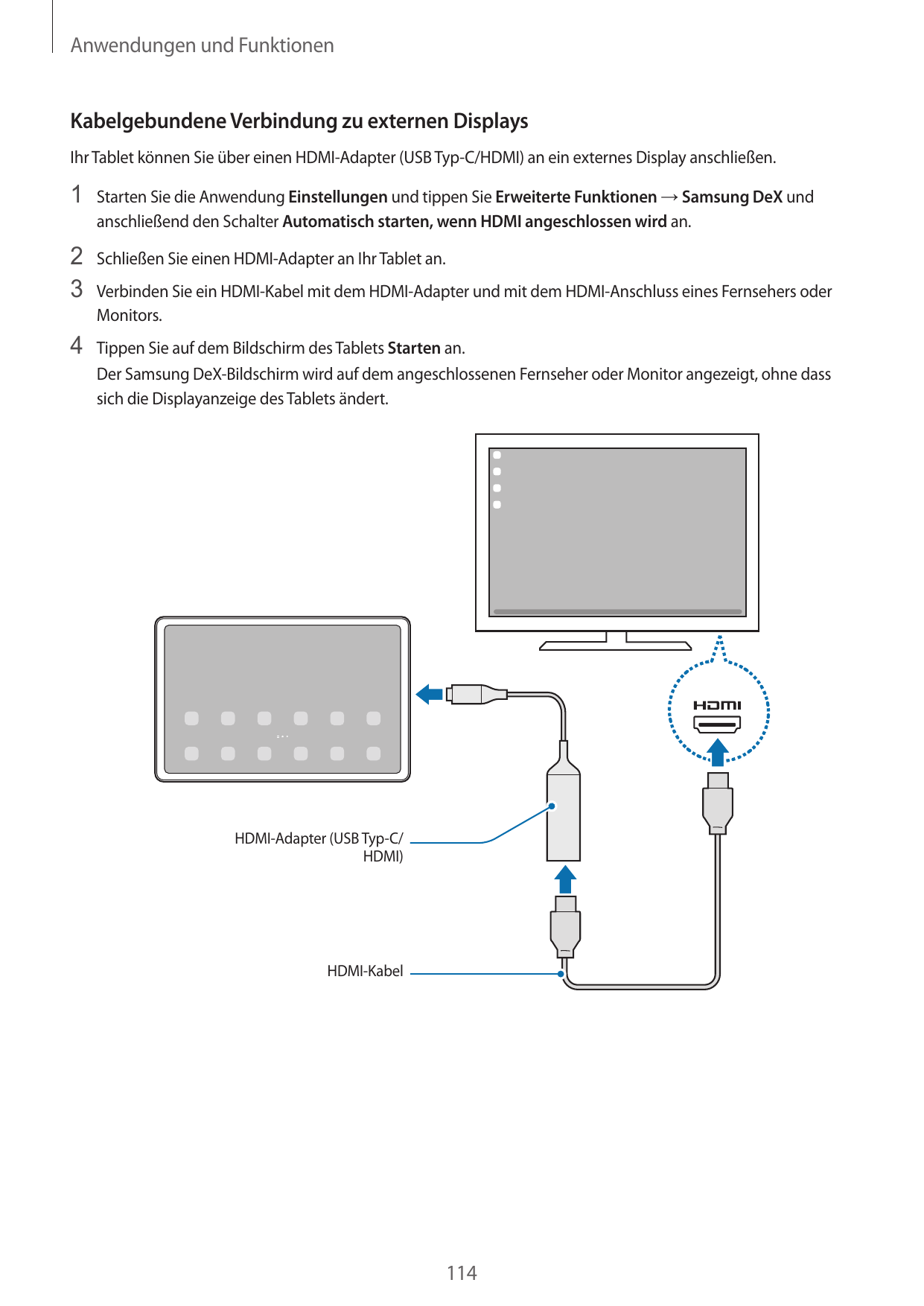 Anwendungen und FunktionenKabelgebundene Verbindung zu externen DisplaysIhr Tablet können Sie über einen HDMI-Adapter (USB Typ-C