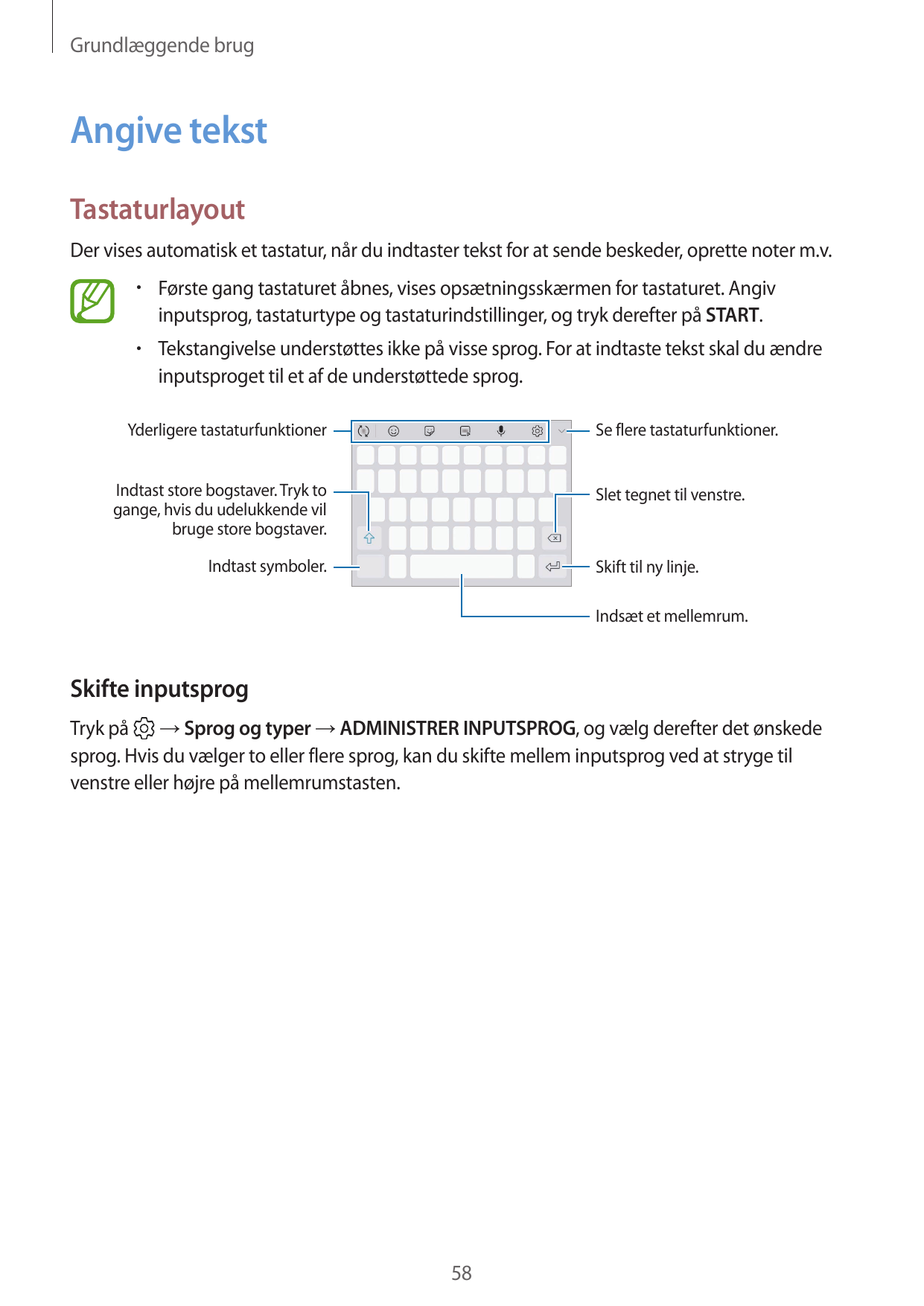 Grundlæggende brugAngive tekstTastaturlayoutDer vises automatisk et tastatur, når du indtaster tekst for at sende beskeder, opre