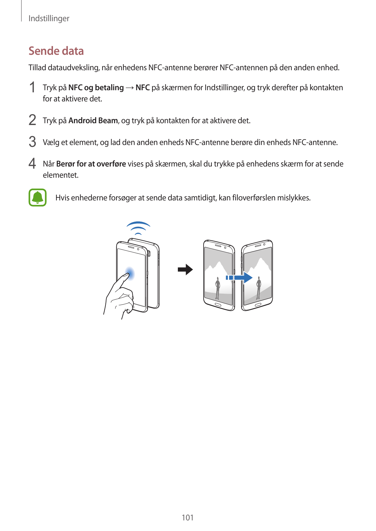 IndstillingerSende dataTillad dataudveksling, når enhedens NFC-antenne berører NFC-antennen på den anden enhed.1 Tryk på NFC og 