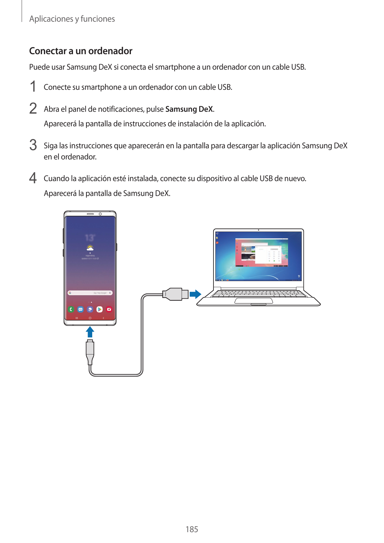 Aplicaciones y funcionesConectar a un ordenadorPuede usar Samsung DeX si conecta el smartphone a un ordenador con un cable USB.1