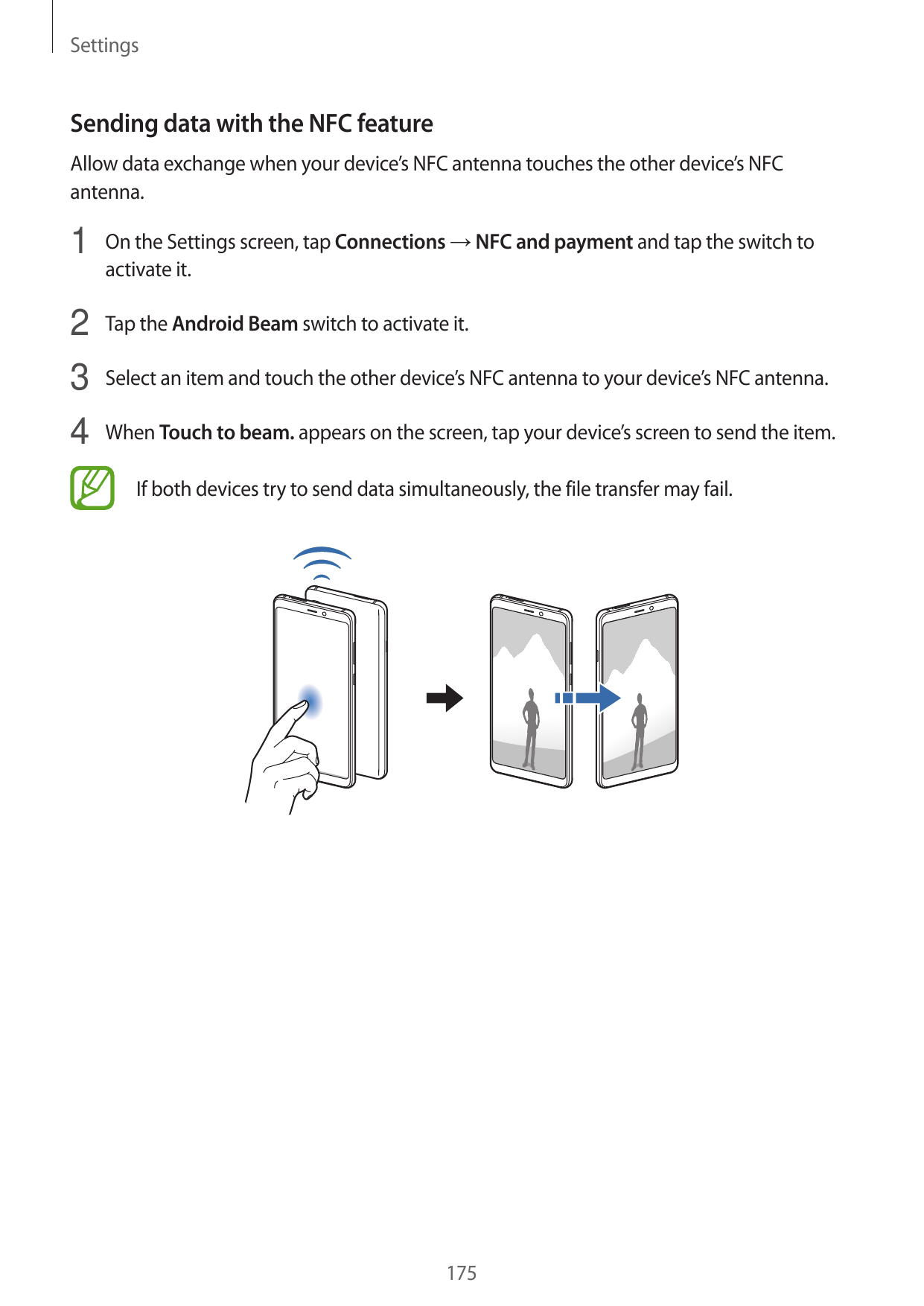 SettingsSending data with the NFC featureAllow data exchange when your device’s NFC antenna touches the other device’s NFCantenn