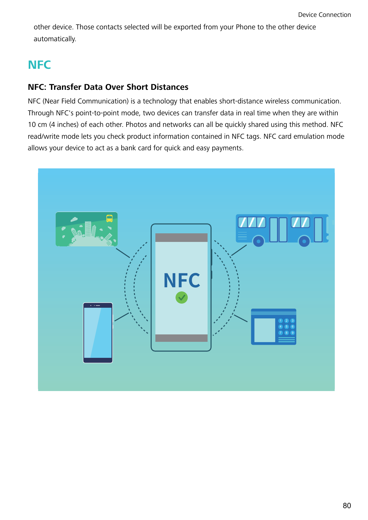 Device Connectionother device. Those contacts selected will be exported from your Phone to the other deviceautomatically.NFCNFC: