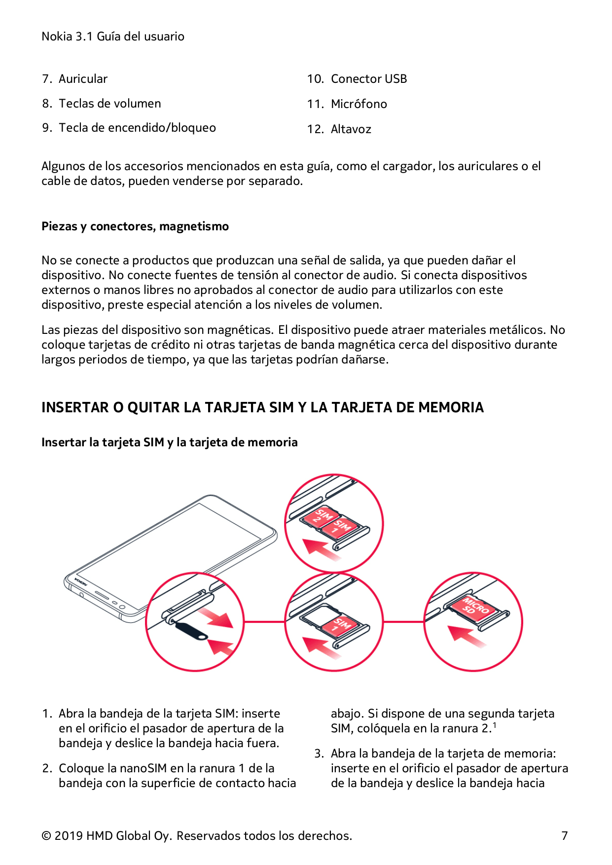 Nokia 3.1 Guía del usuario7. Auricular10. Conector USB8. Teclas de volumen11. Micrófono9. Tecla de encendido/bloqueo12. AltavozA