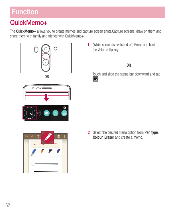 FunctionQuickMemo+The QuickMemo+ allows you to create memos and capture screen shots.Capture screens, draw on them andshare them