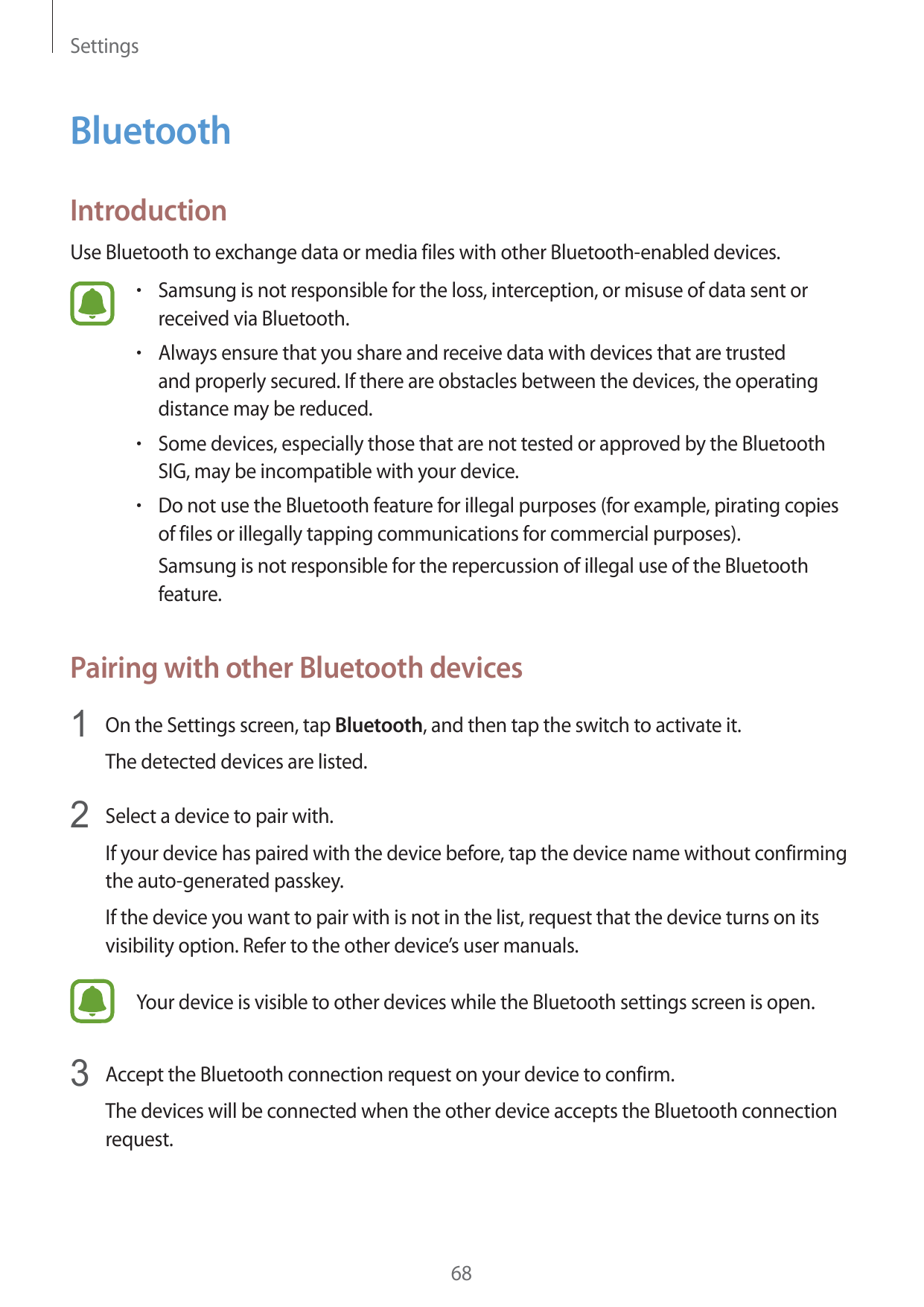 SettingsBluetoothIntroductionUse Bluetooth to exchange data or media files with other Bluetooth-enabled devices.r Samsung is not