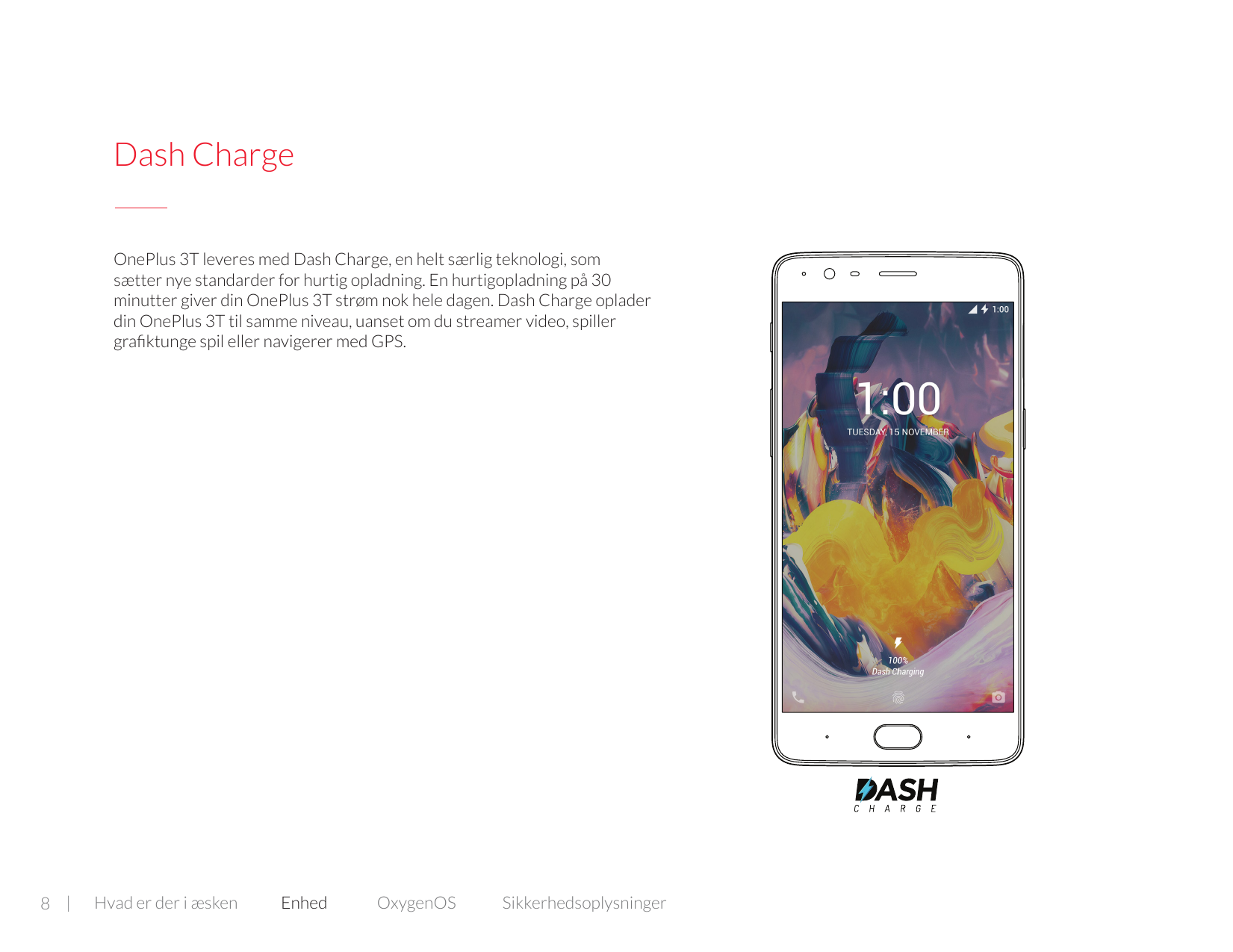 Dash ChargeOnePlus 3T leveres med Dash Charge, en helt særlig teknologi, somsætter nye standarder for hurtig opladning. En hurti