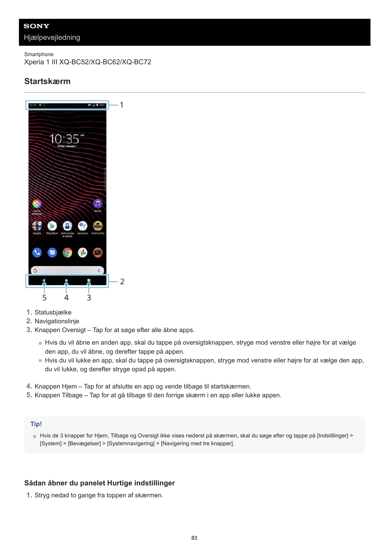 HjælpevejledningSmartphoneXperia 1 III XQ-BC52/XQ-BC62/XQ-BC72Startskærm1. Statusbjælke2. Navigationslinje3. Knappen Oversigt – 