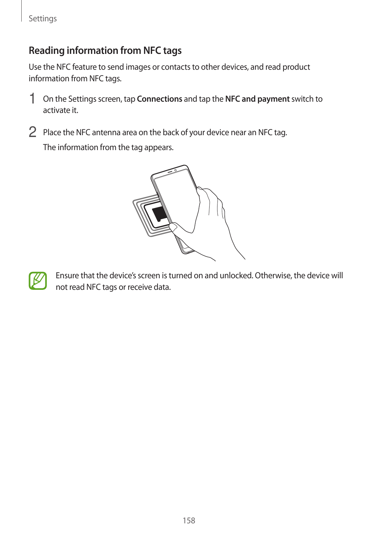 SettingsReading information from NFC tagsUse the NFC feature to send images or contacts to other devices, and read productinform