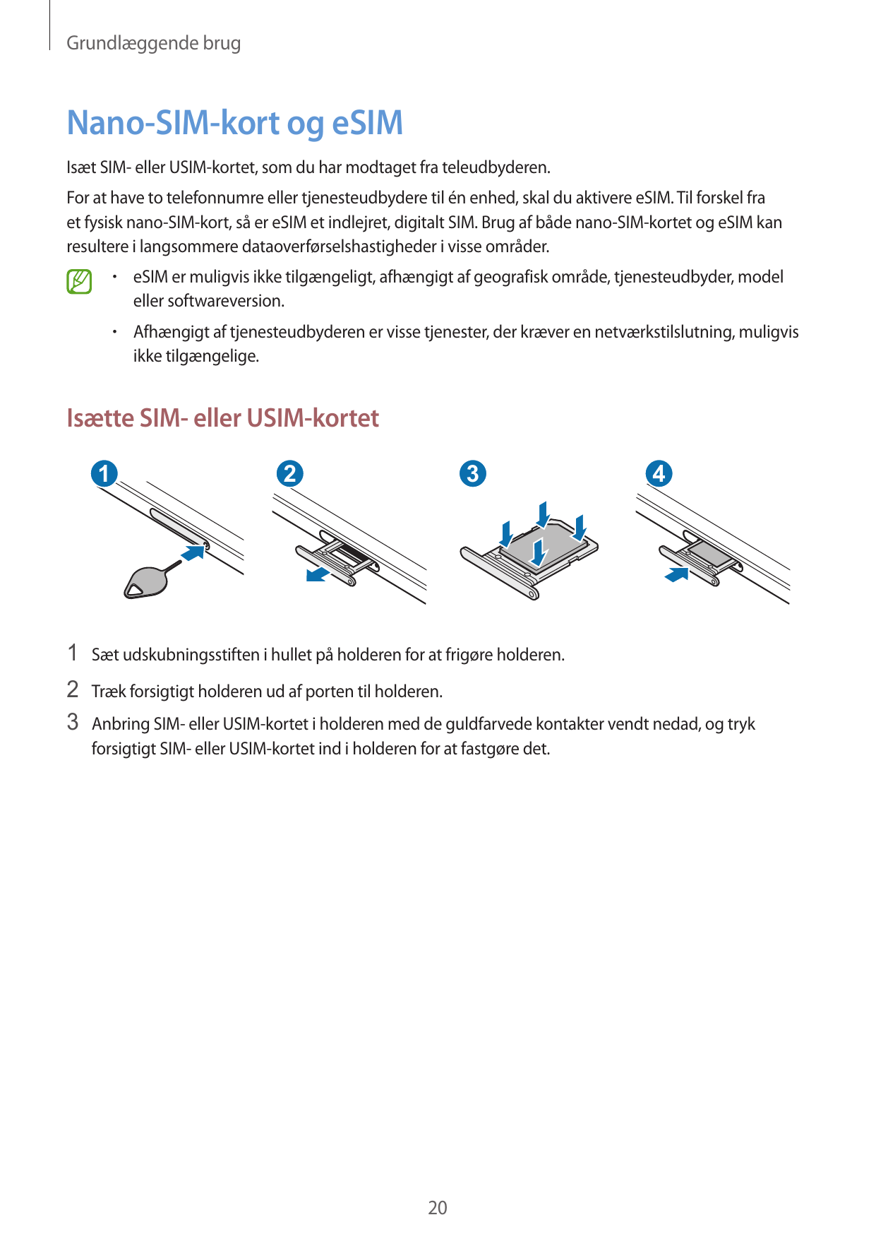 Grundlæggende brugNano-SIM-kort og eSIMIsæt SIM- eller USIM-kortet, som du har modtaget fra teleudbyderen.For at have to telefon