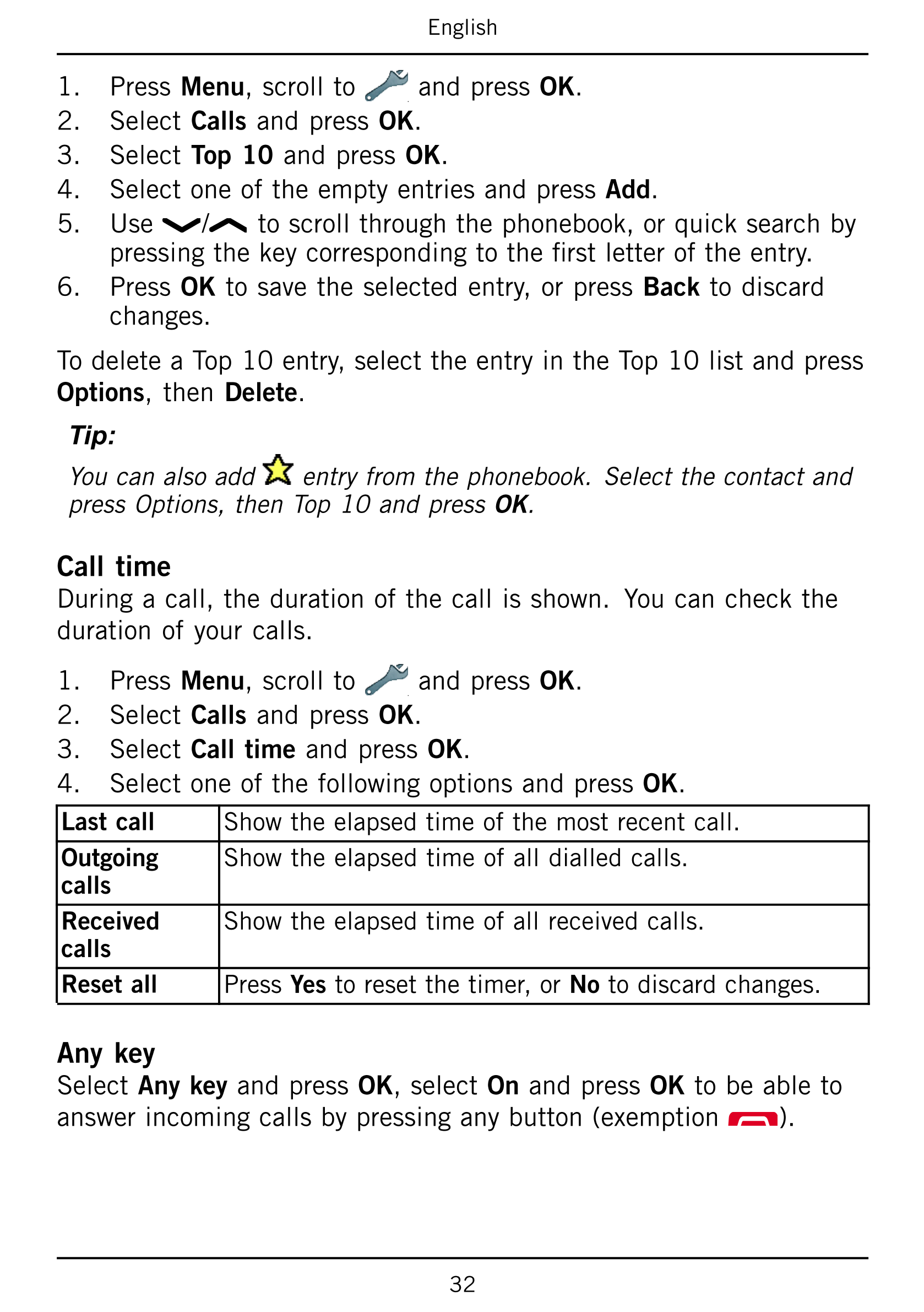 English
1.     Press Menu, scroll to and press OK.
2.     Select Calls and press OK.
3.     Select Top 10 and press OK.
4.     S