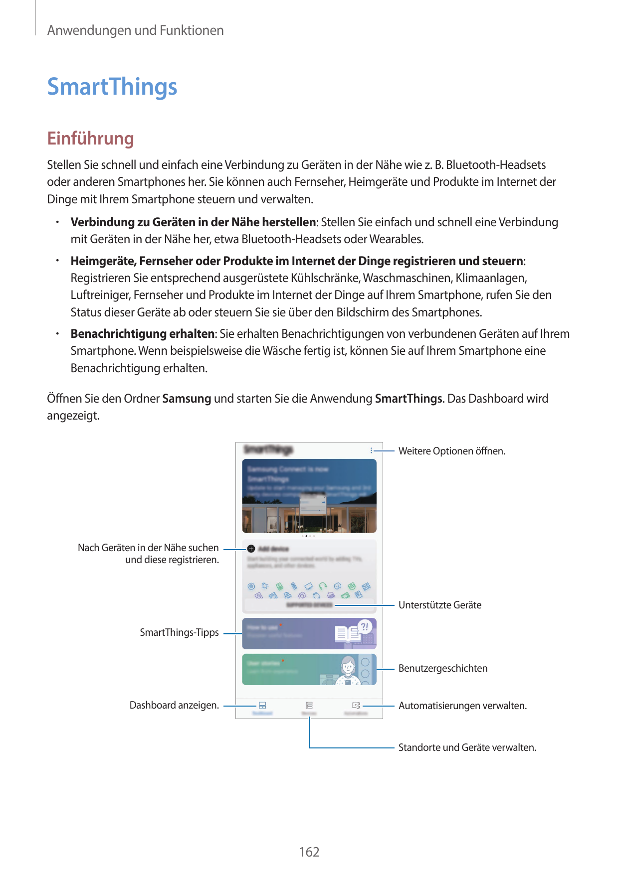 Anwendungen und FunktionenSmartThingsEinführungStellen Sie schnell und einfach eine Verbindung zu Geräten in der Nähe wie z. B. 