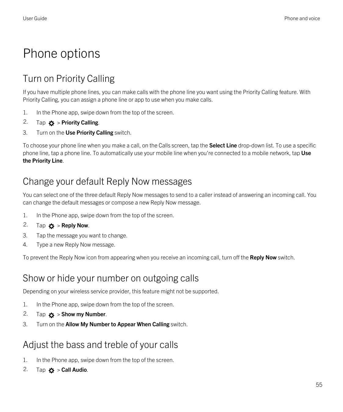 User GuidePhone and voicePhone optionsTurn on Priority CallingIf you have multiple phone lines, you can make calls with the phon