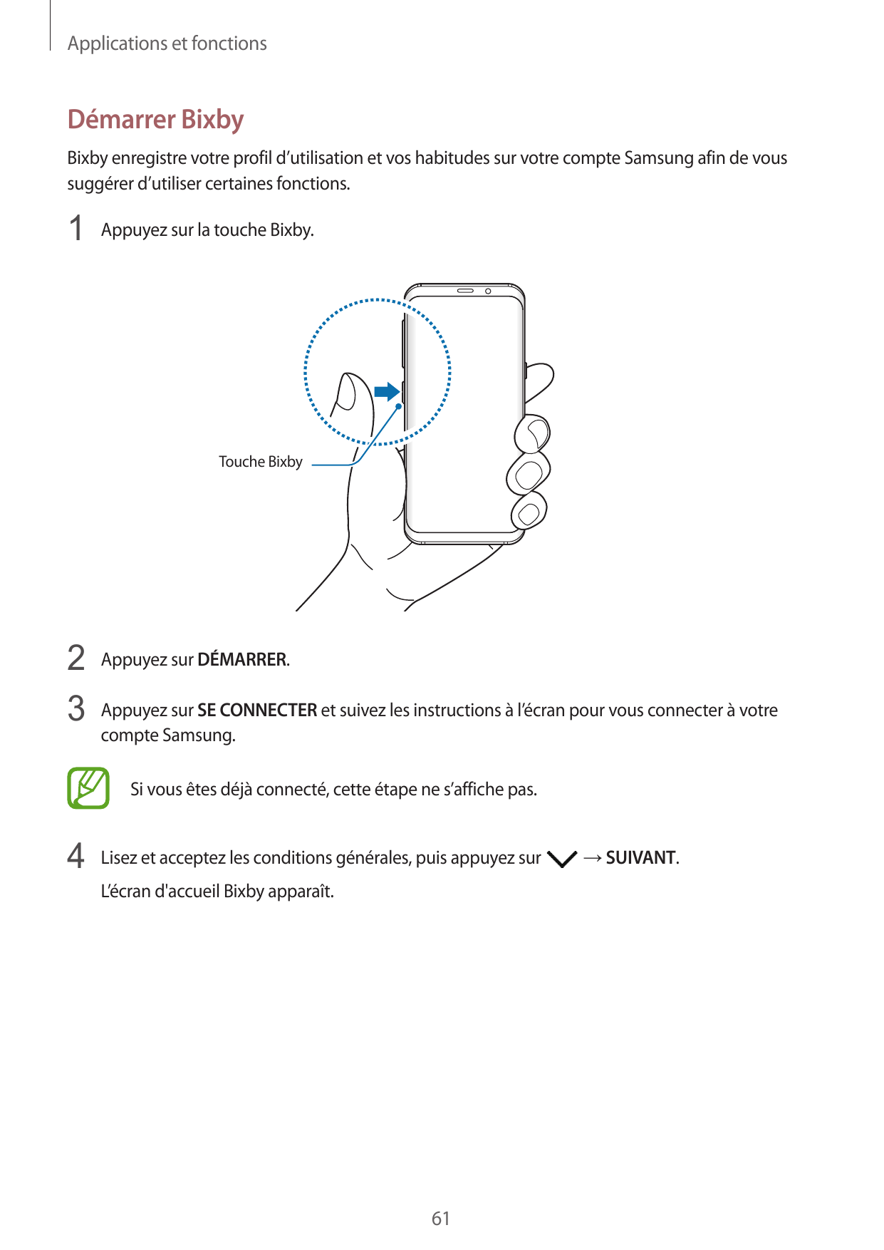 Applications et fonctionsDémarrer BixbyBixby enregistre votre profil d’utilisation et vos habitudes sur votre compte Samsung afi