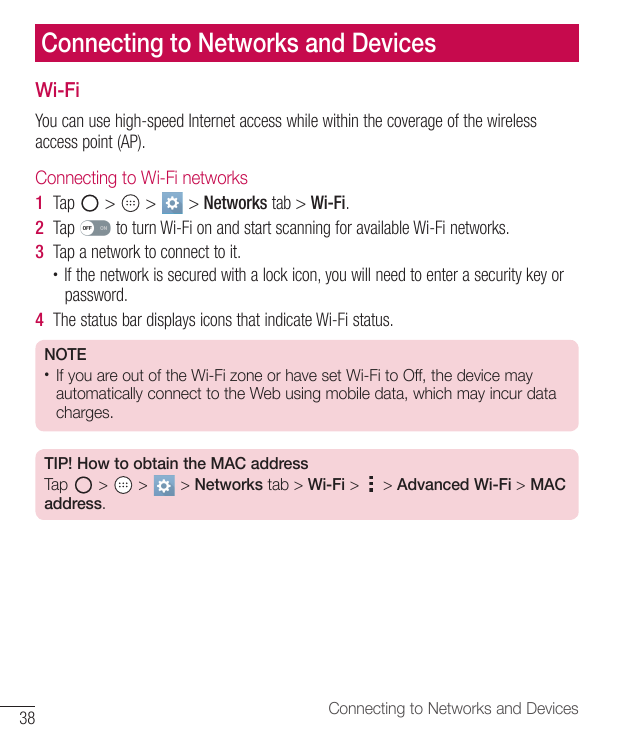Connecting to Networks and DevicesWi-FiYou can use high-speed Internet access while within the coverage of the wirelessaccess po