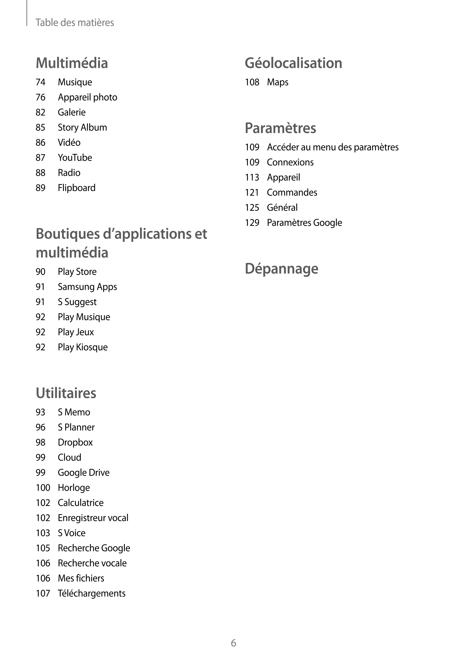 Table des matières
Multimédia Géolocalisation
74  Musique 108  Maps
76  Appareil photo
82  Galerie
85  Story Album Paramètres
86