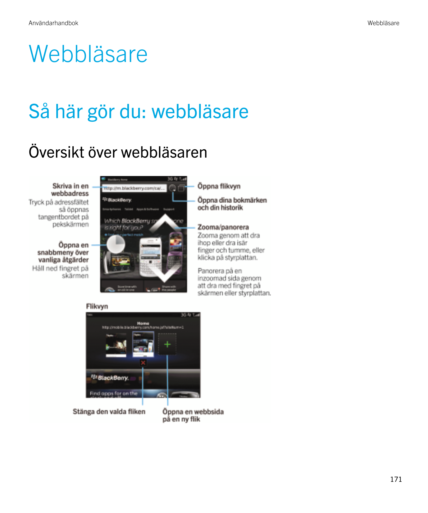 Användarhandbok Webbläsare
Webbläsare
Så här gör du: webbläsare
Översikt över webbläsaren  
171 