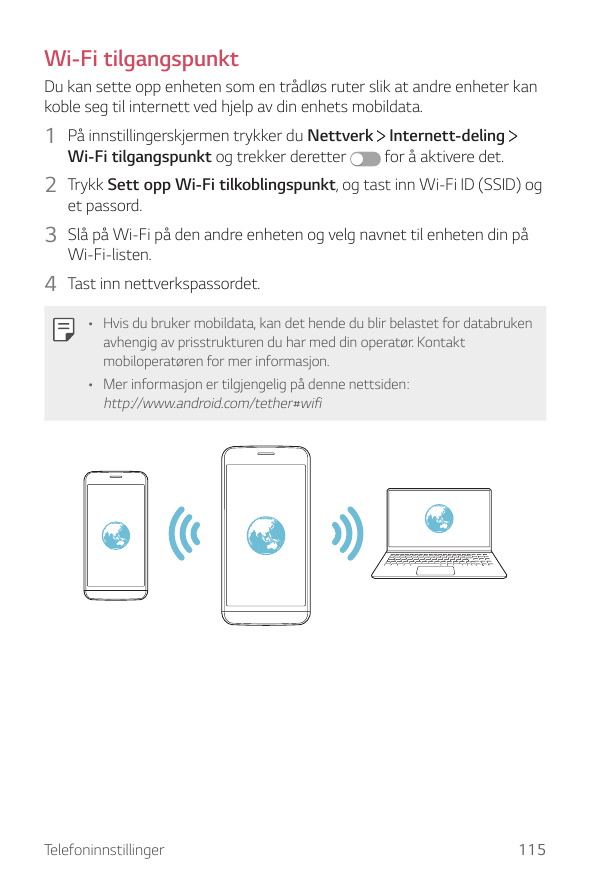 Wi-Fi tilgangspunktDu kan sette opp enheten som en trådløs ruter slik at andre enheter kankoble seg til internett ved hjelp av d