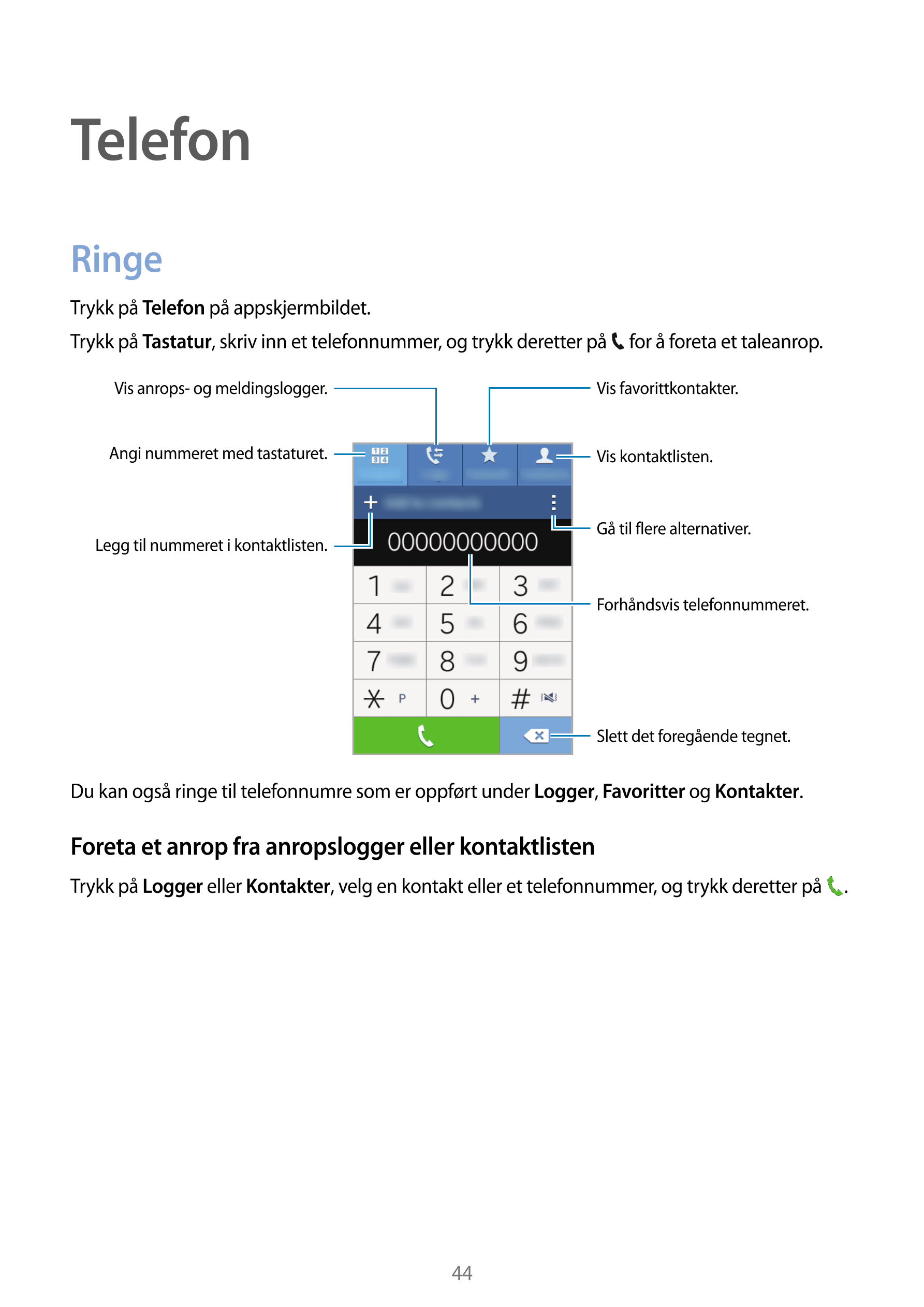 Telefon
Ringe
Trykk på  Telefon på appskjermbildet.
Trykk på  Tastatur, skriv inn et telefonnummer, og trykk deretter på   for å