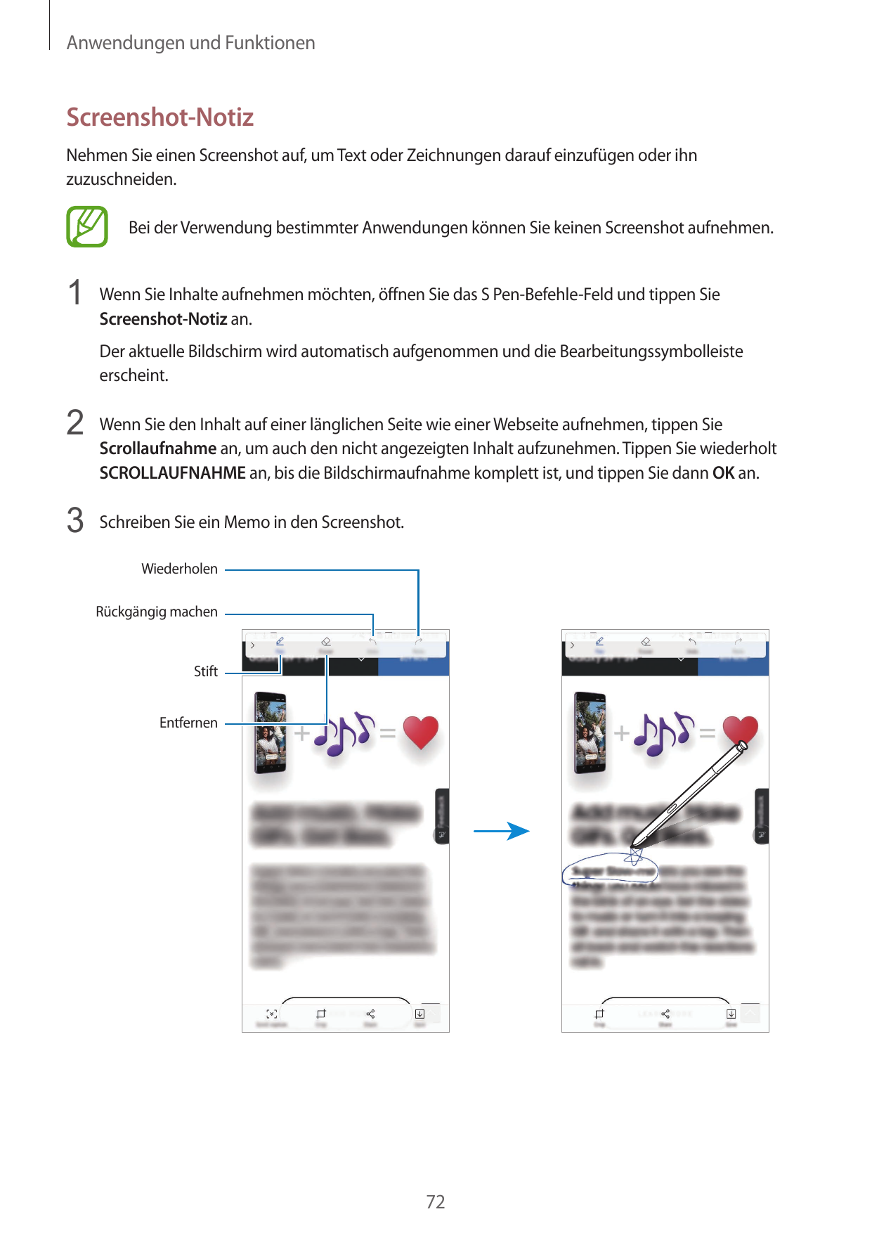Anwendungen und FunktionenScreenshot-NotizNehmen Sie einen Screenshot auf, um Text oder Zeichnungen darauf einzufügen oder ihnzu