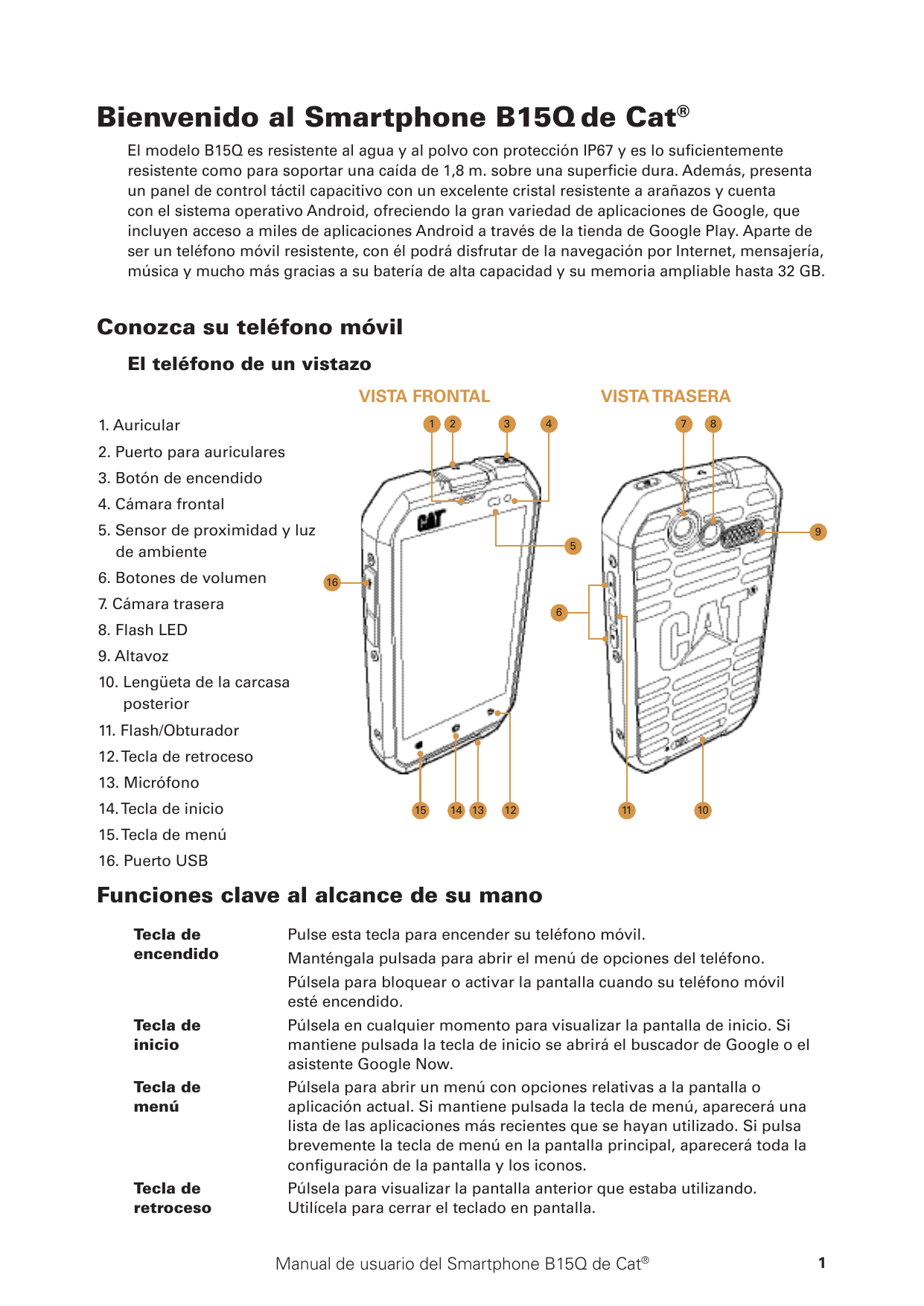 Bienvenido al Smartphone B15Q de Cat®El modelo B15Q es resistente al agua y al polvo con protección IP67 y es lo suficientemente