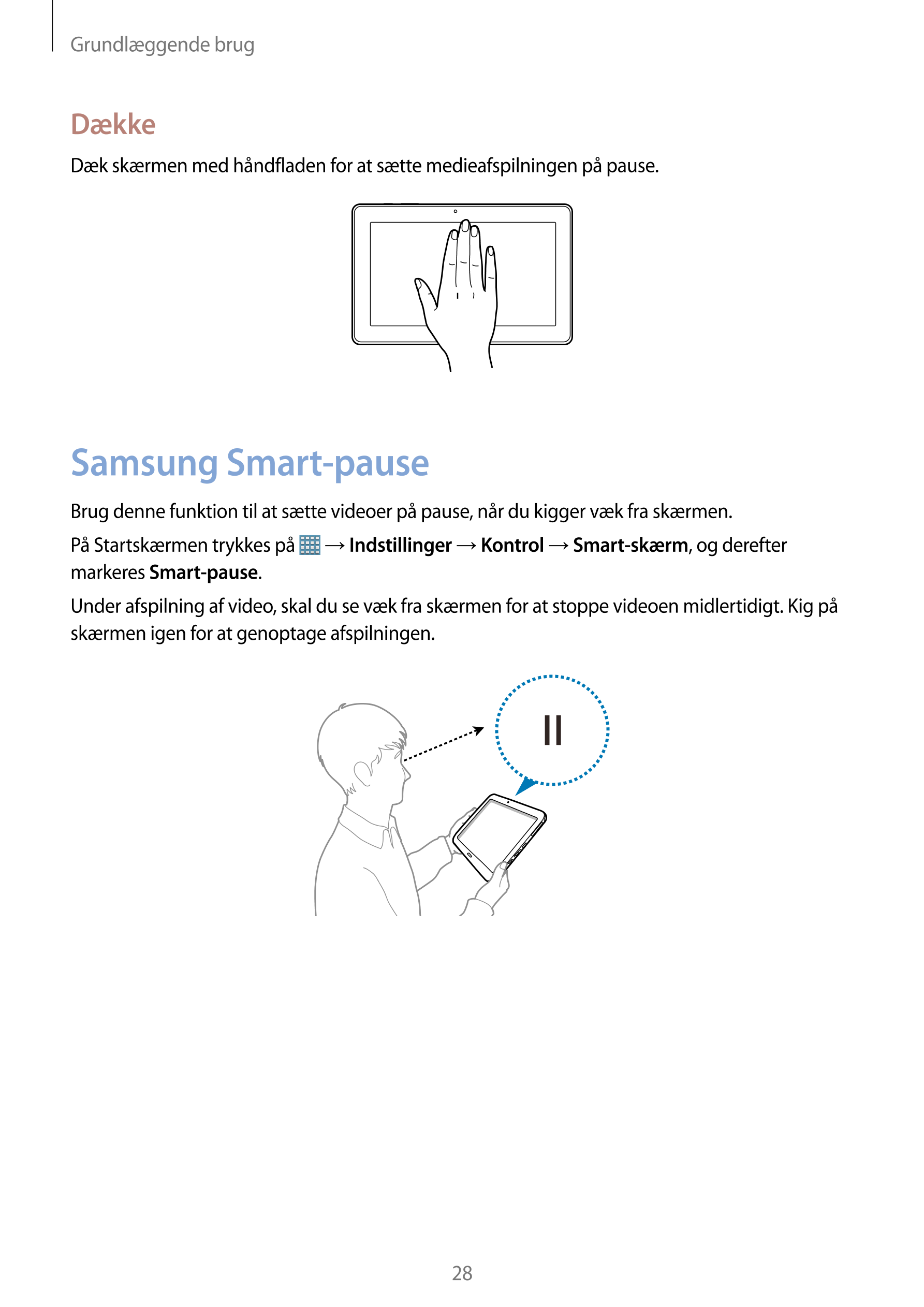 Grundlæggende brug
Dække
Dæk skærmen med håndfladen for at sætte medieafspilningen på pause.
Samsung Smart-pause
Brug denne funk