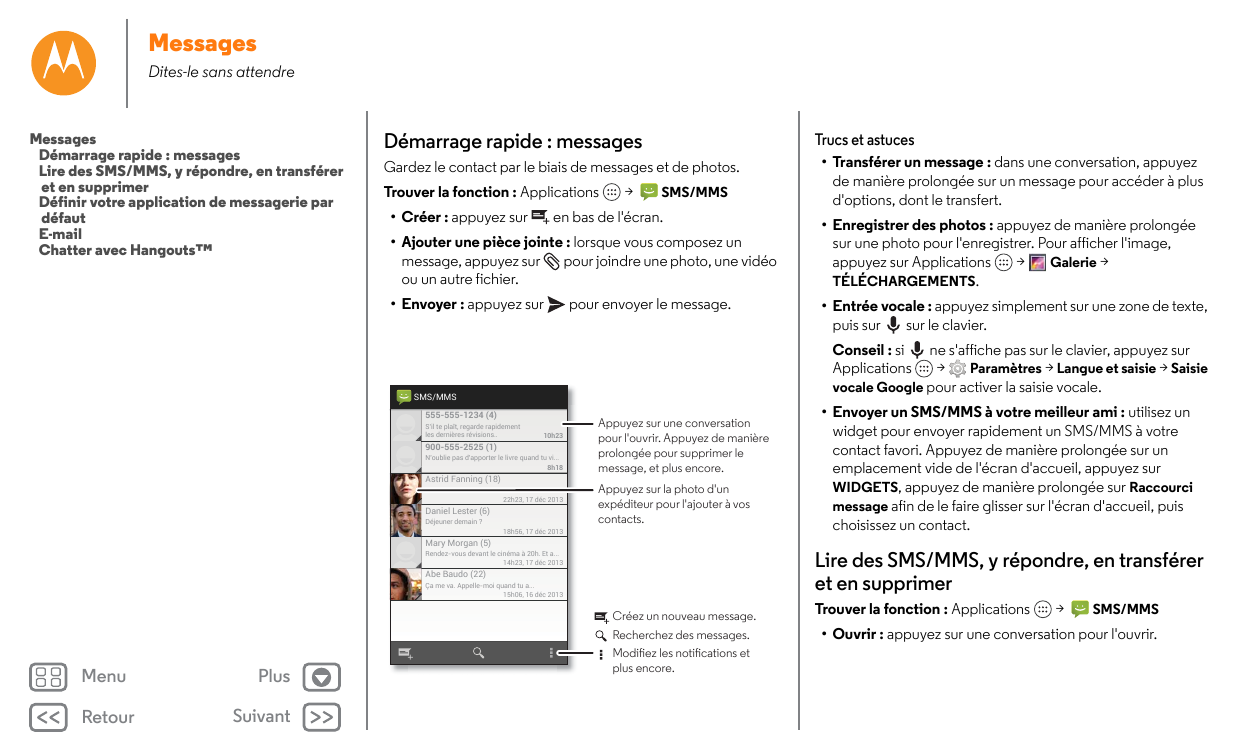 MessagesDites-le sans attendreMessagesDémarrage rapide : messagesLire des SMS/MMS, y répondre, en transféreret en supprimerDéfin