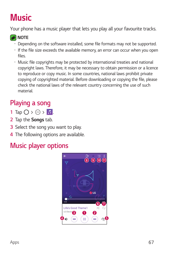 MusicYour phone has a music player that lets you play all your favourite tracks.•••NOTEDepending on the software installed, some