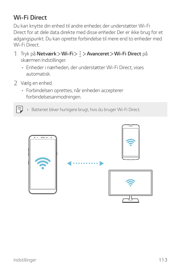 Wi-Fi DirectDu kan knytte din enhed til andre enheder, der understøtter Wi-FiDirect for at dele data direkte med disse enheder. 