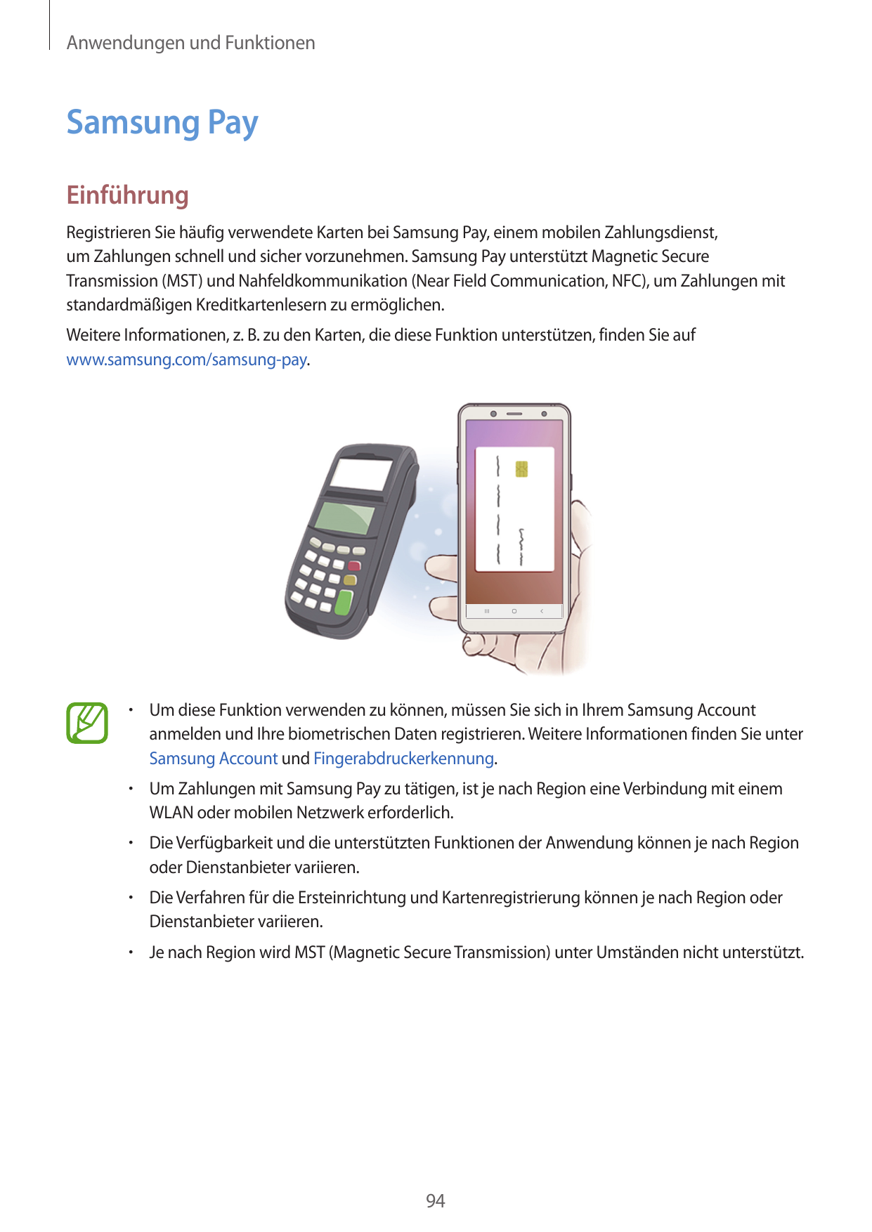 Anwendungen und FunktionenSamsung PayEinführungRegistrieren Sie häufig verwendete Karten bei Samsung Pay, einem mobilen Zahlungs