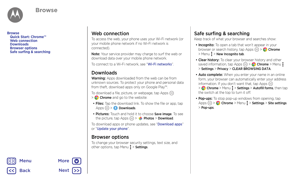 BrowseBrowseQuick Start: Chrome™Web connectionDownloadsBrowser optionsSafe surfing & searchingWeb connectionSafe surfing & searc
